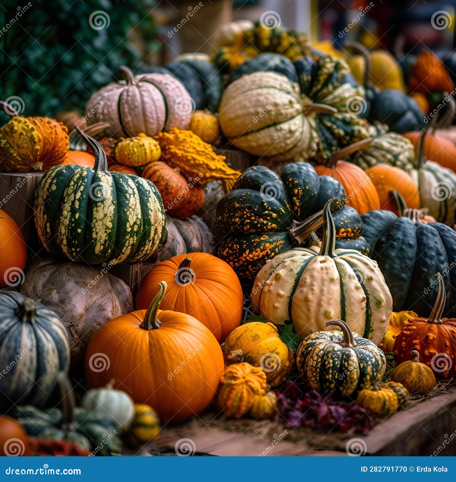 generative ai s, pile of pumpinks of different colors. orange, brown and green pumpinks. autum harvest