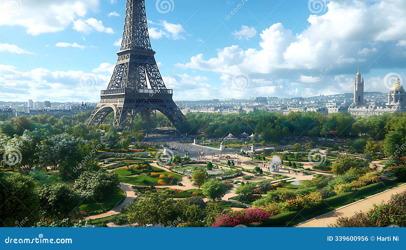 generative ai image of aerial view majestic eiffel tower at downtown with green tropical forest