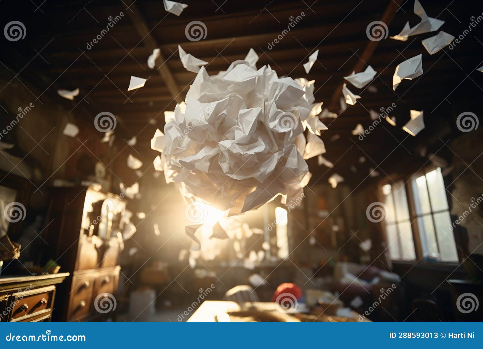Generative AI Image of Crumpled White Paper Ball Thrown in the Air