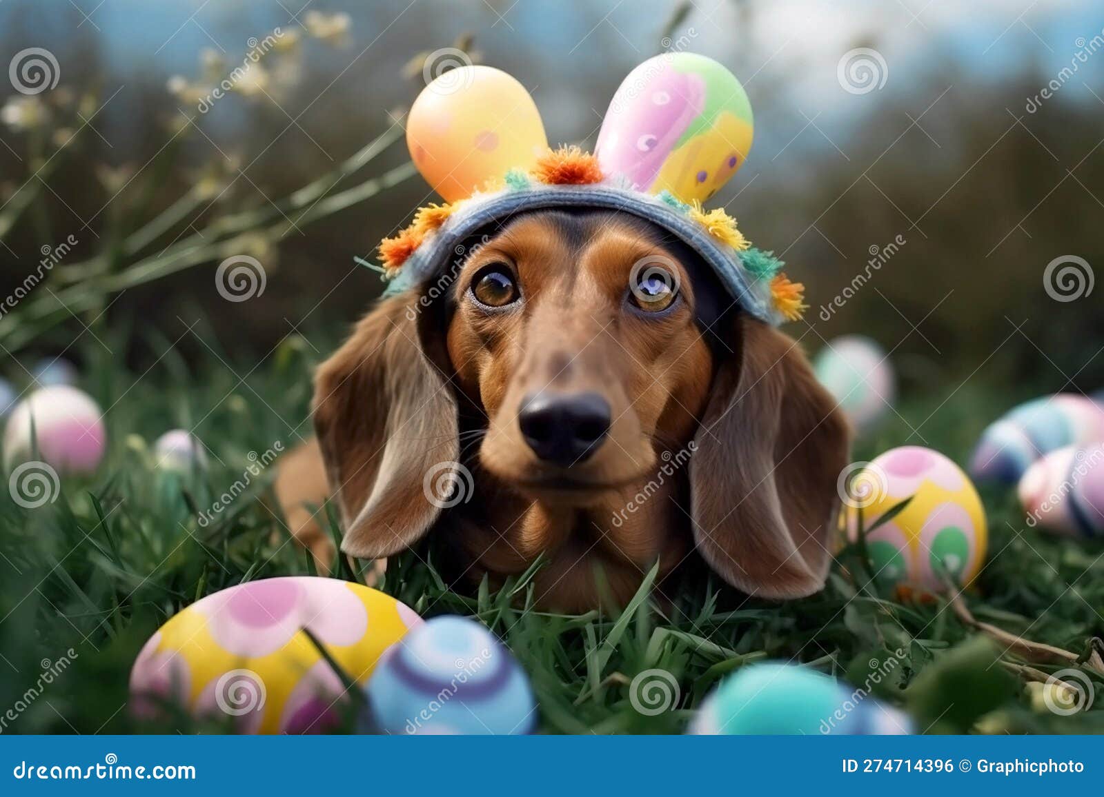 Generative Ai Image of a Dachshund Wearing Easter Bunny Ears Stock