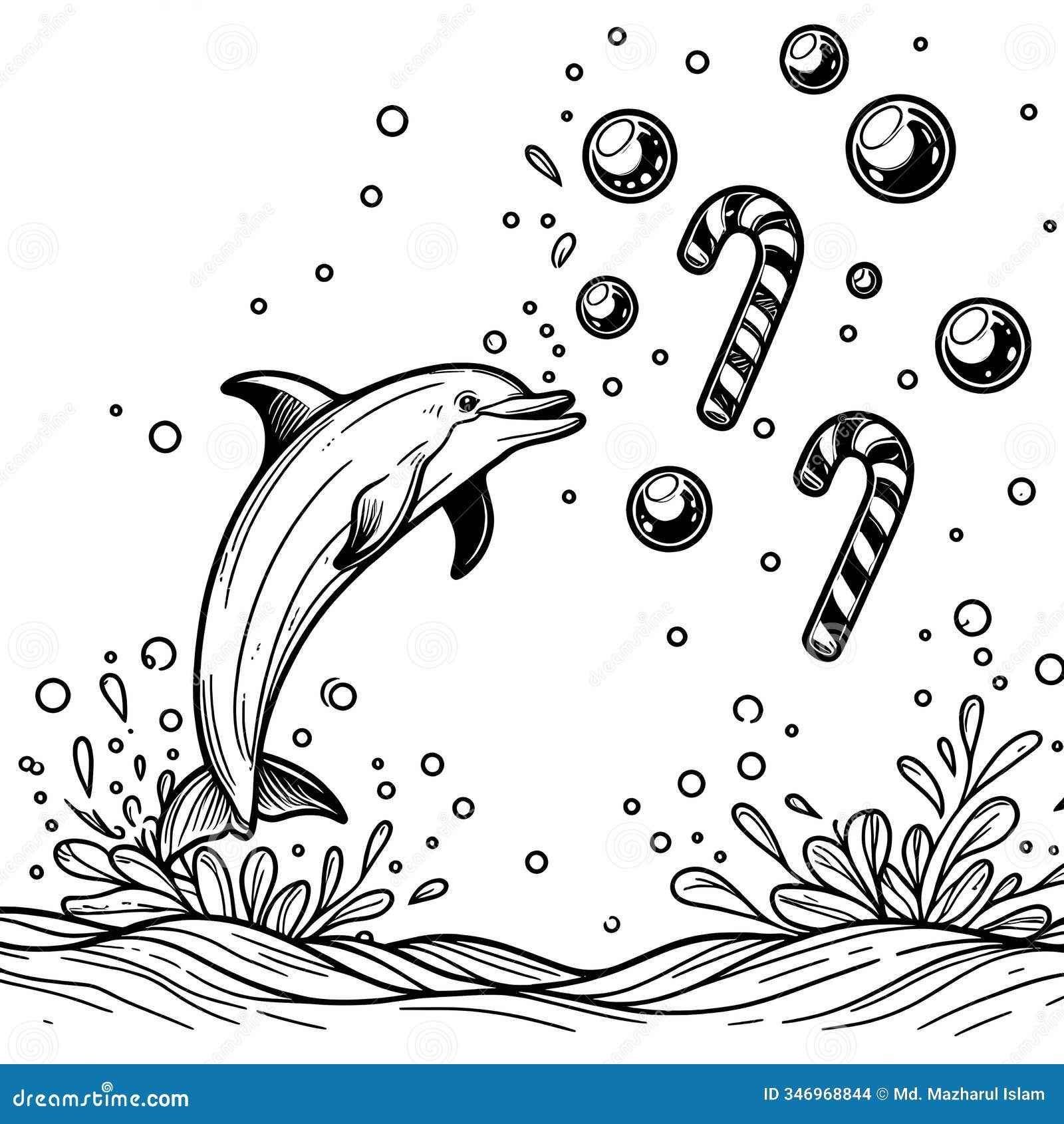 a dolphin playing with floating candy cane.