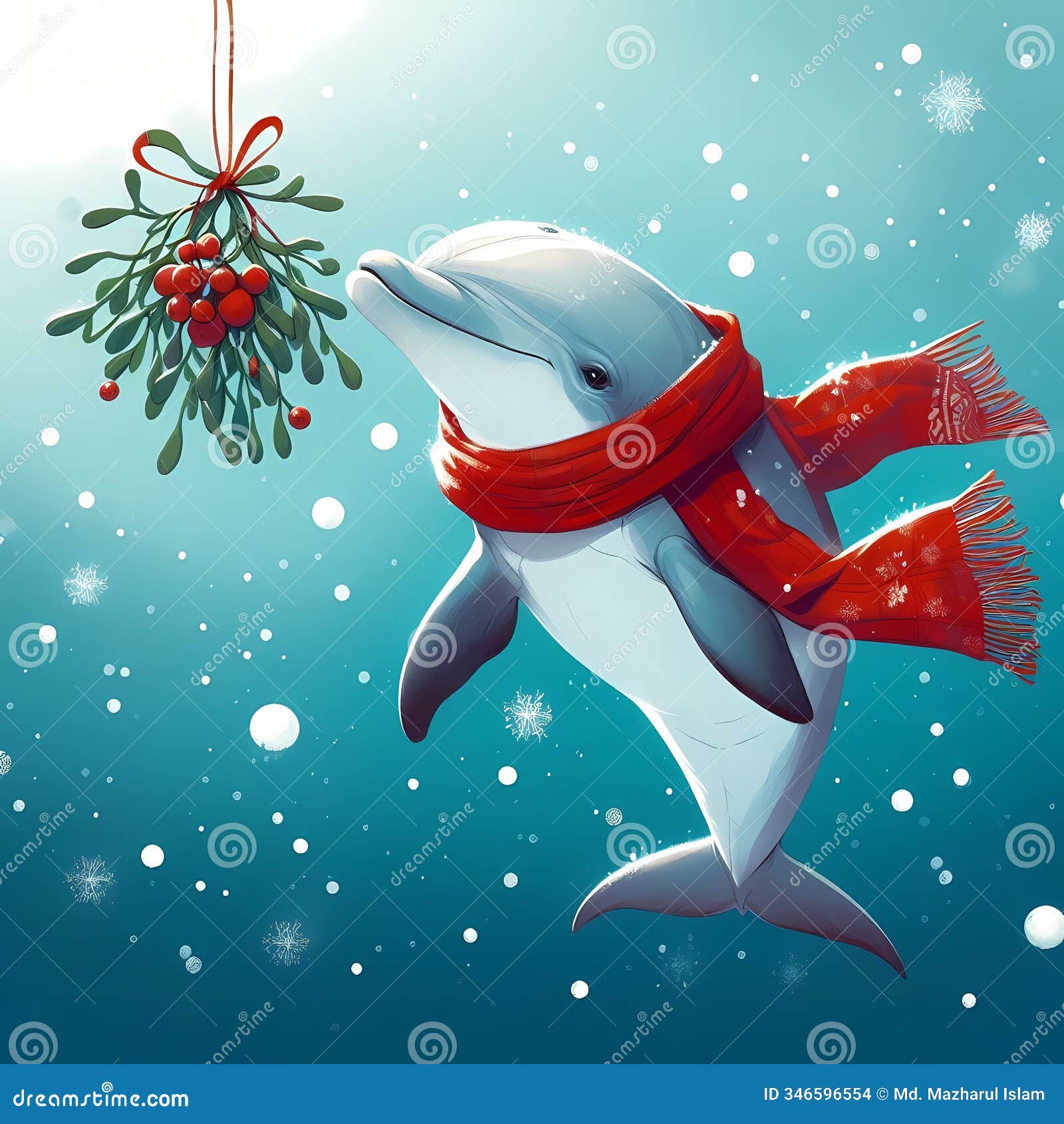 dolphin swimming under mistletoe with a red scarf.