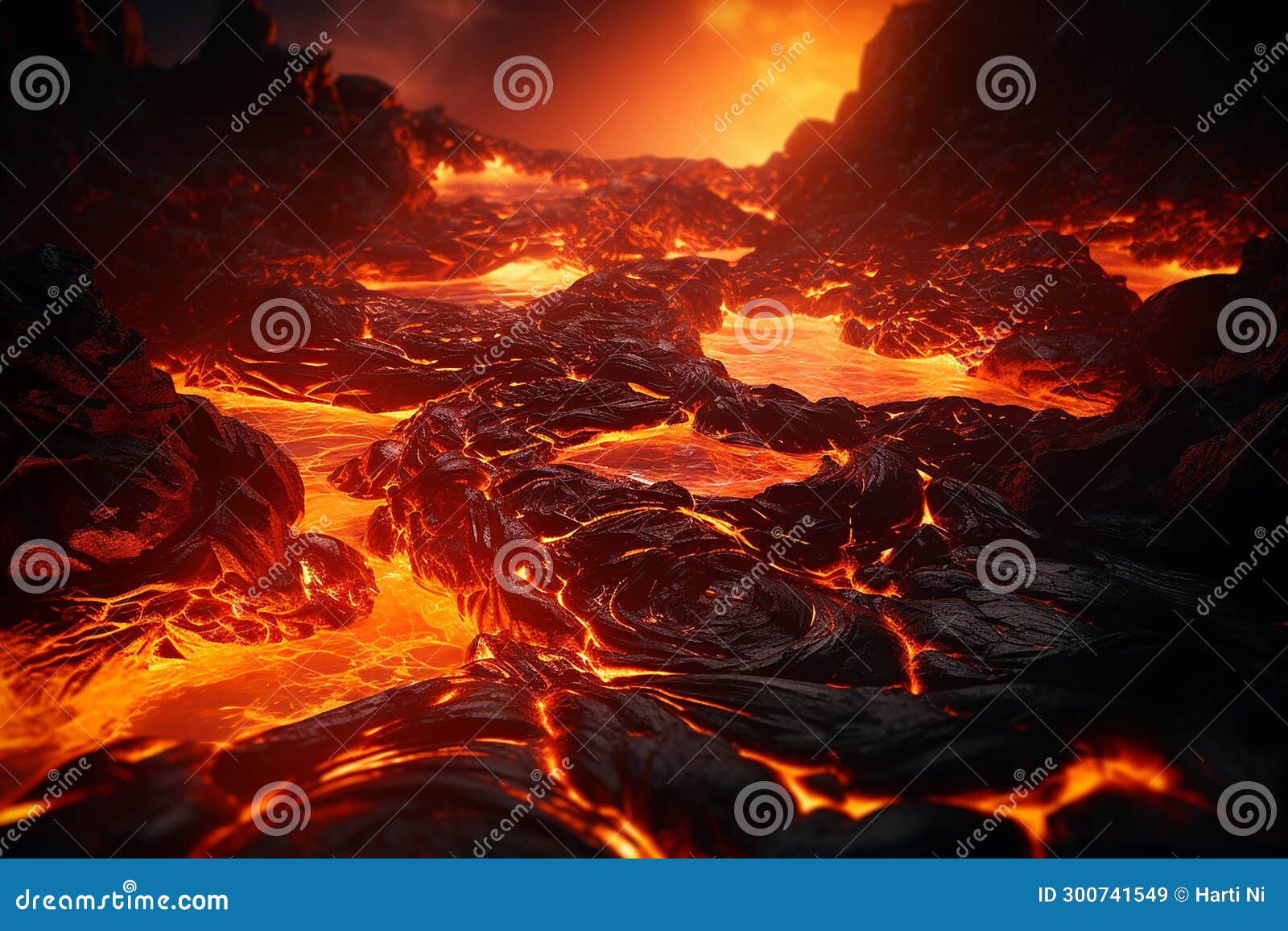 Generative AI Image of Hot Fire Molten Lava Rocks Flowing in the