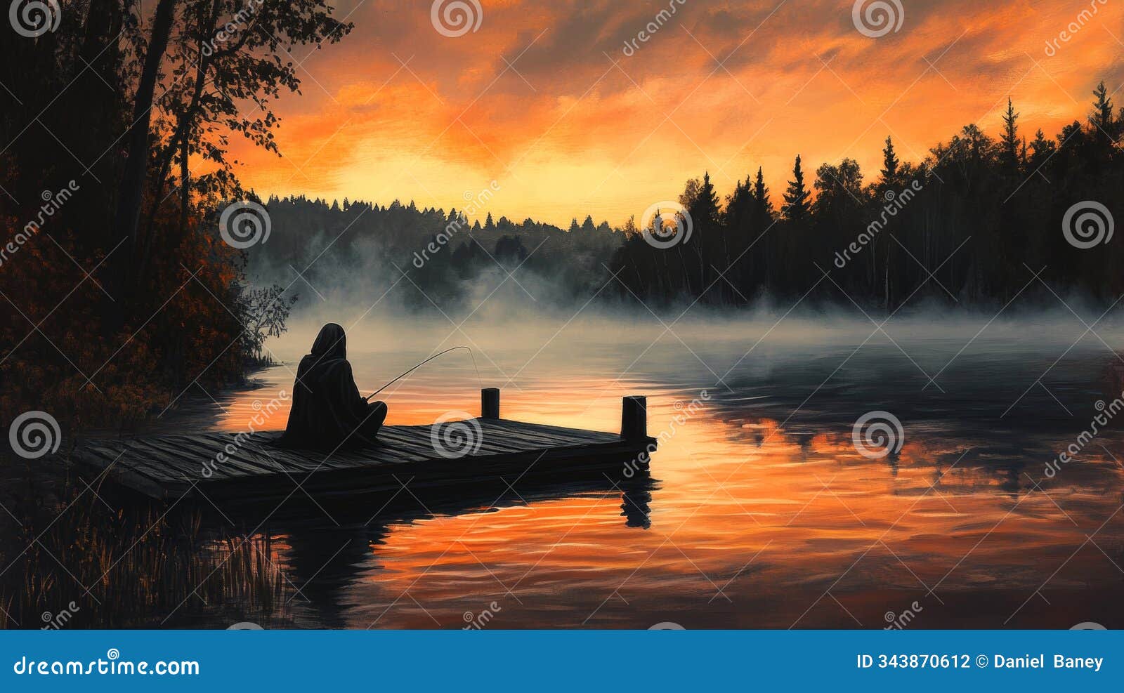 a person sits fishing at dawn on a tranquil misty lake, surrounded by nature, under a glowing sunrise that reflects on the calm