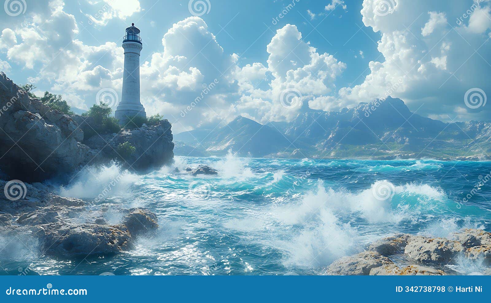 generative ai image of strong flow waves on sea beach ocean with lighthouse and mountain hill view