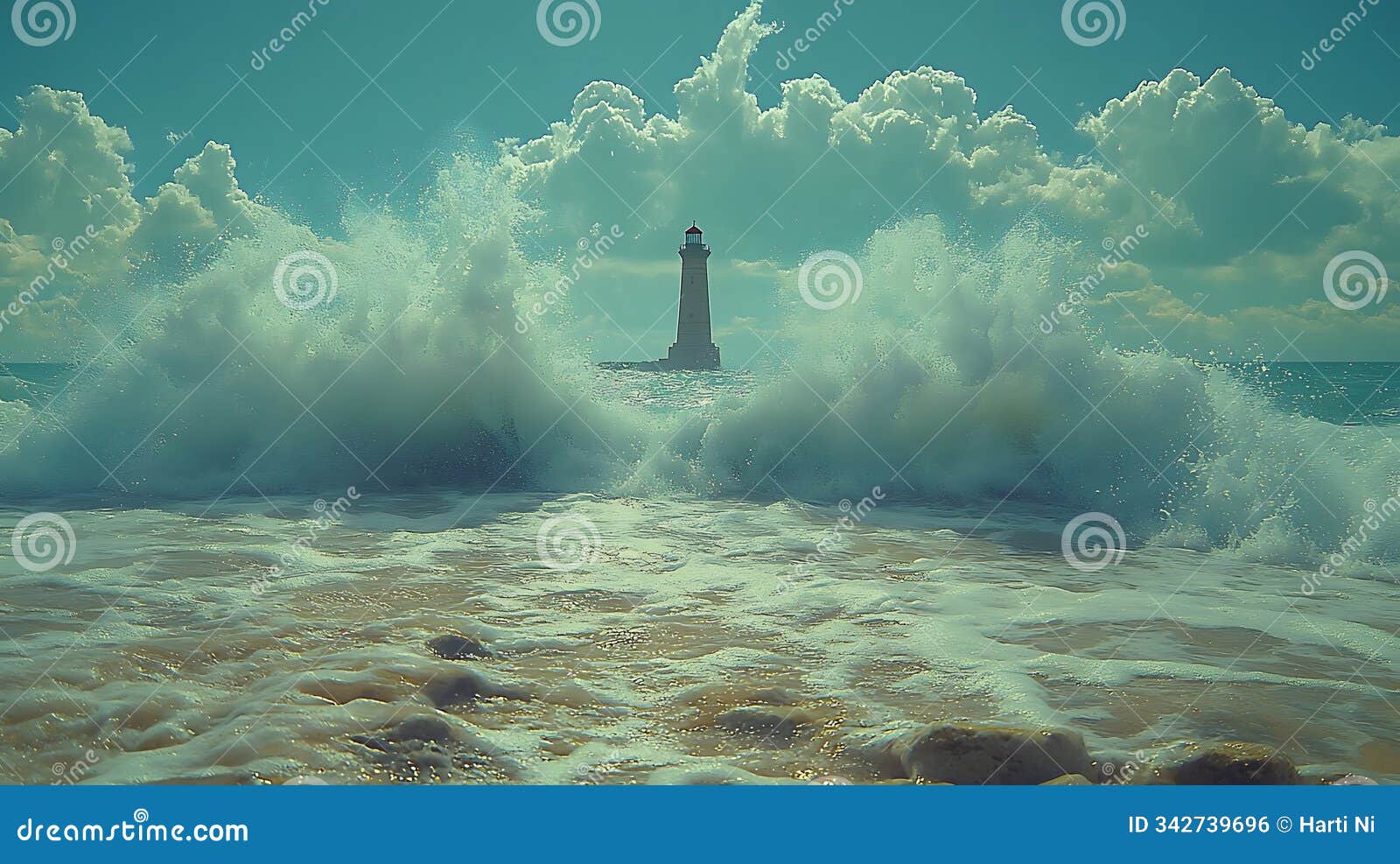 generative ai image of strong flow waves on sea beach ocean with majestic lighthouse at cloudy day