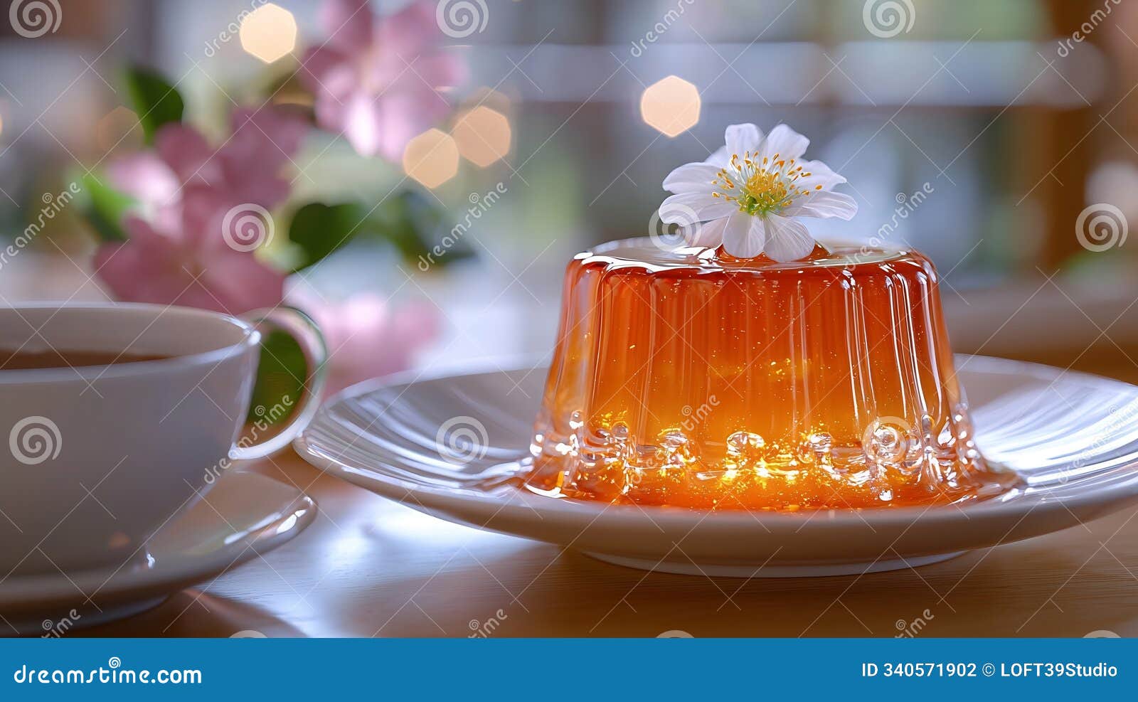 generative ai mango pudding jelly on white plate with cup of tea colorful background business concept.