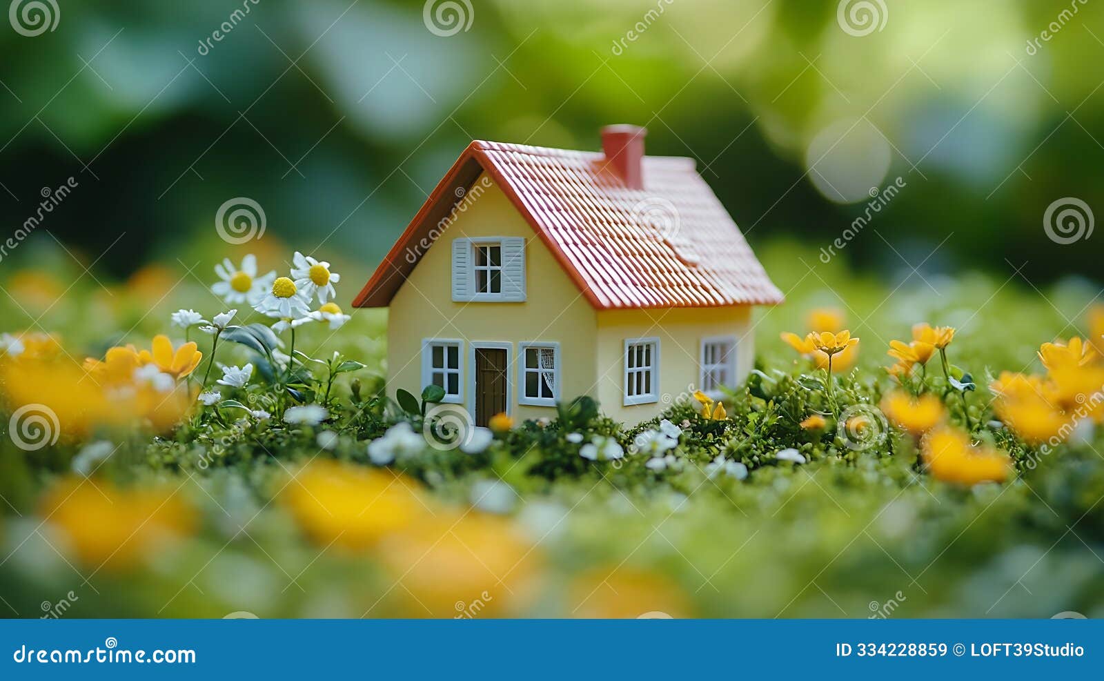 generative ai miniature toy house in grass close up spring natural background ymbol of family mortgage constructio