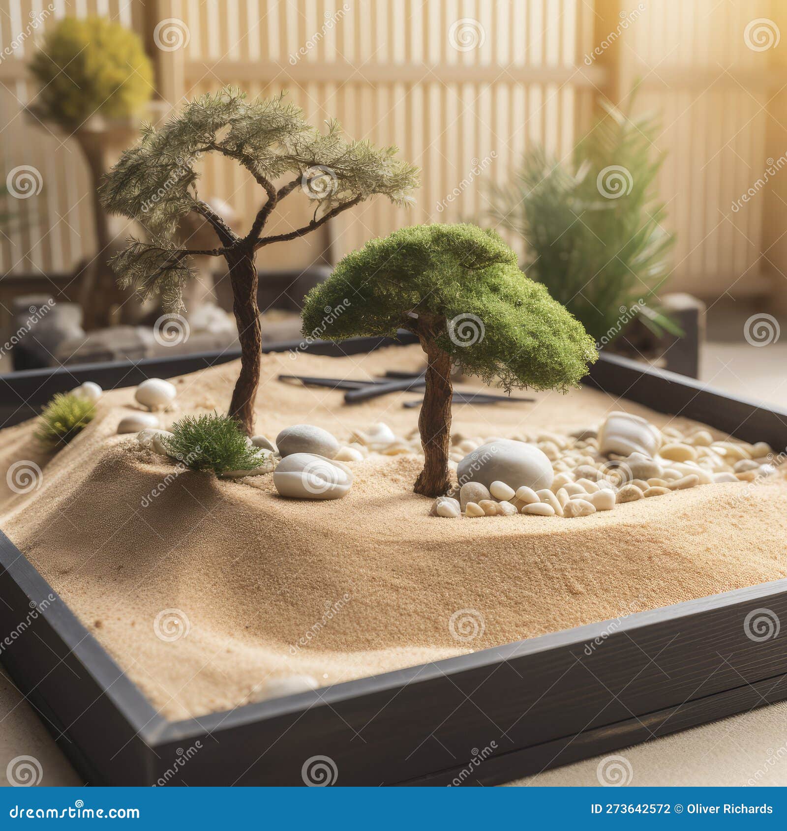 Generative AI, Miniature Zen Garden with Sand and Bonsai Style Trees. Stock  Illustration - Illustration of harmonious, feng: 273642572