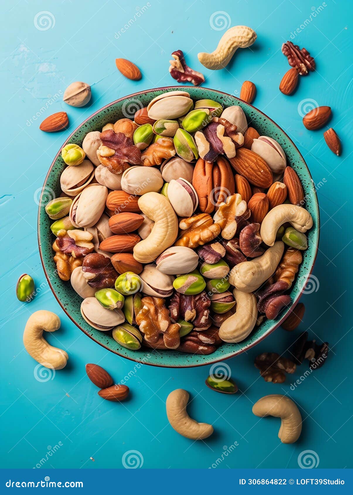 generative ai mixed nuts in bowl. mix of various nuts on colored background. pistachios, cashews, walnuts, hazelnu