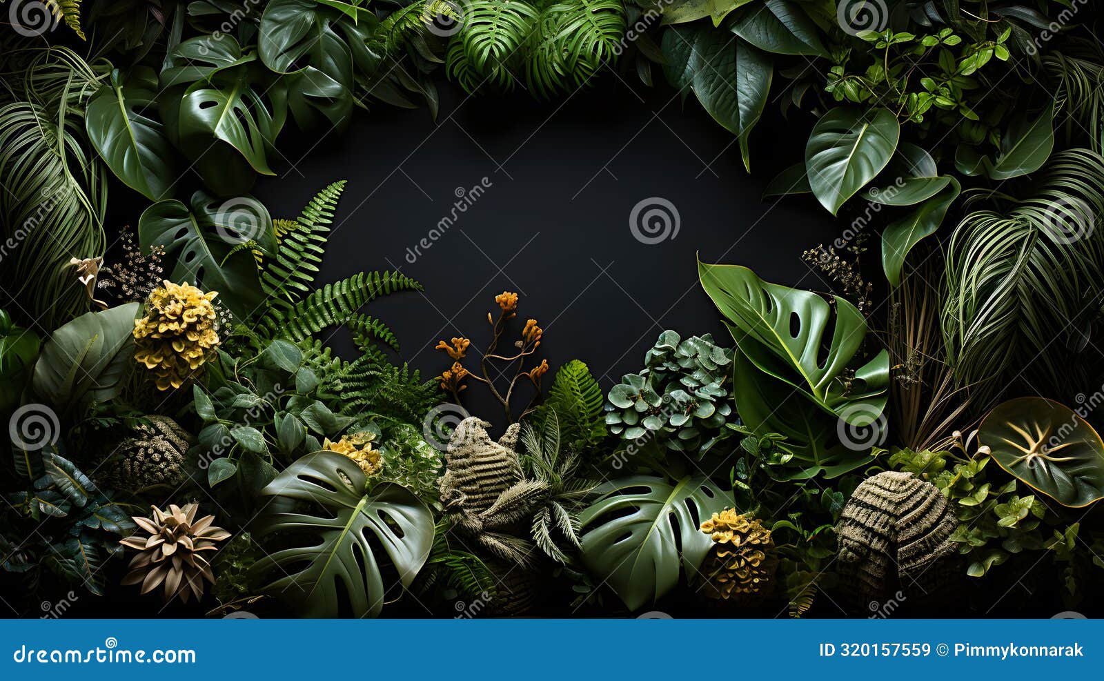 generative ai nature frame of jungle trees with tropical rainforest foliage plants (monstera, birdÃ¢â¬â¢s nest fern, go