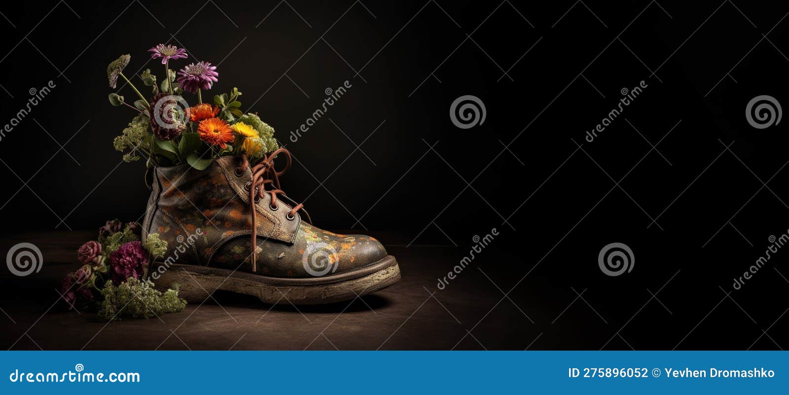 generative ai, old boot with meadow spring flowers, handmade shoe planter. environmental activism