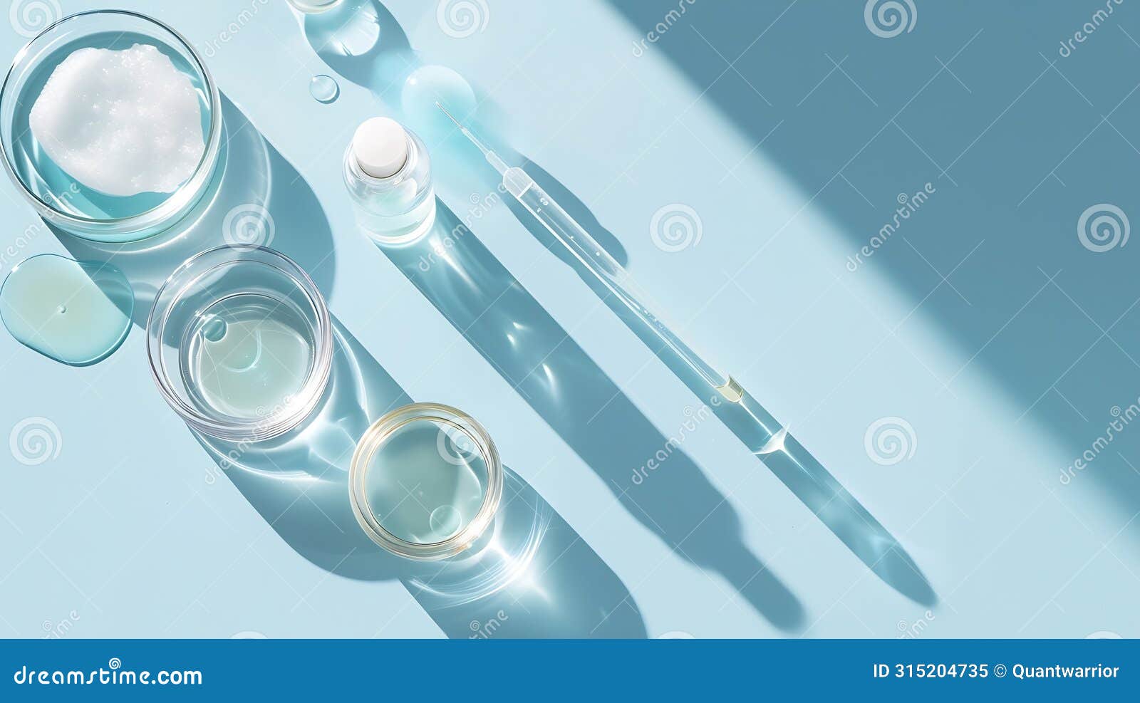 generative ai petri dishes with samples of cosmetic serums bottle and pipettes on light blue background flat lay b