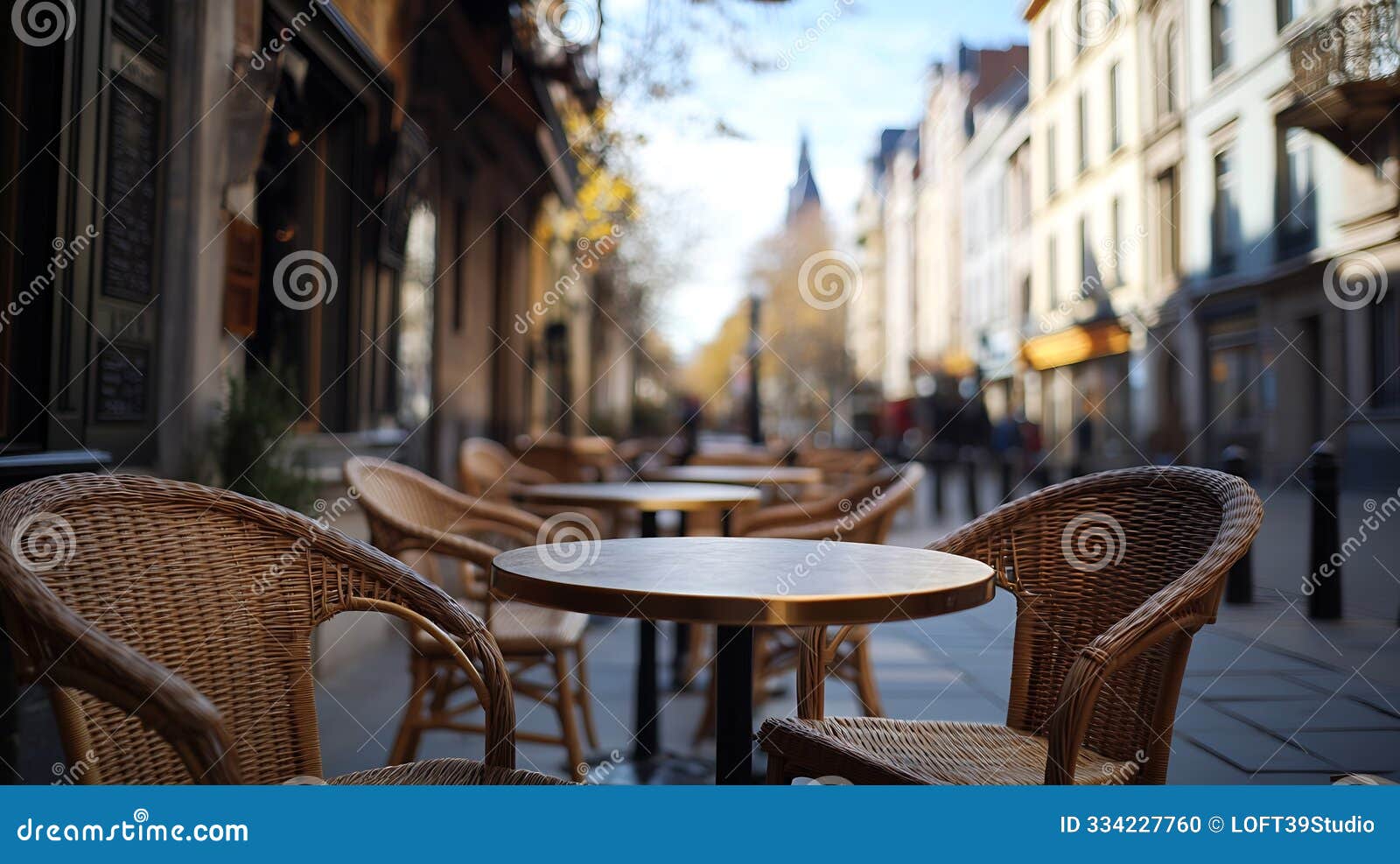 generative ai place in the city with empty chairs and tables at the outside in front of a cafe scene viewed from s