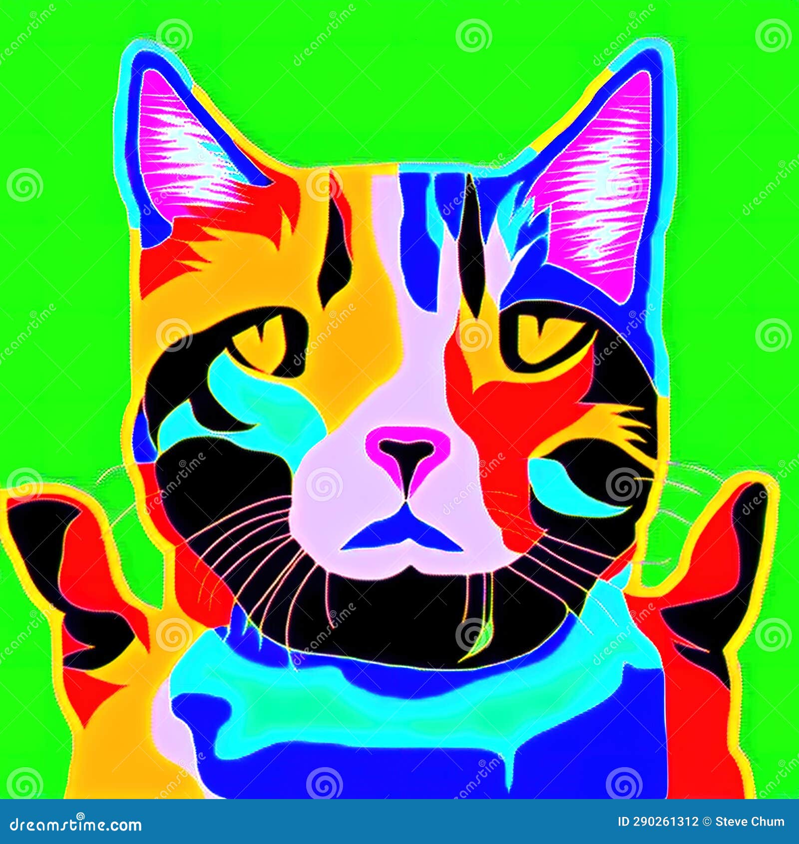 Generative AI, Psychedelic Abstract Portrait of Kitten in Multicolored