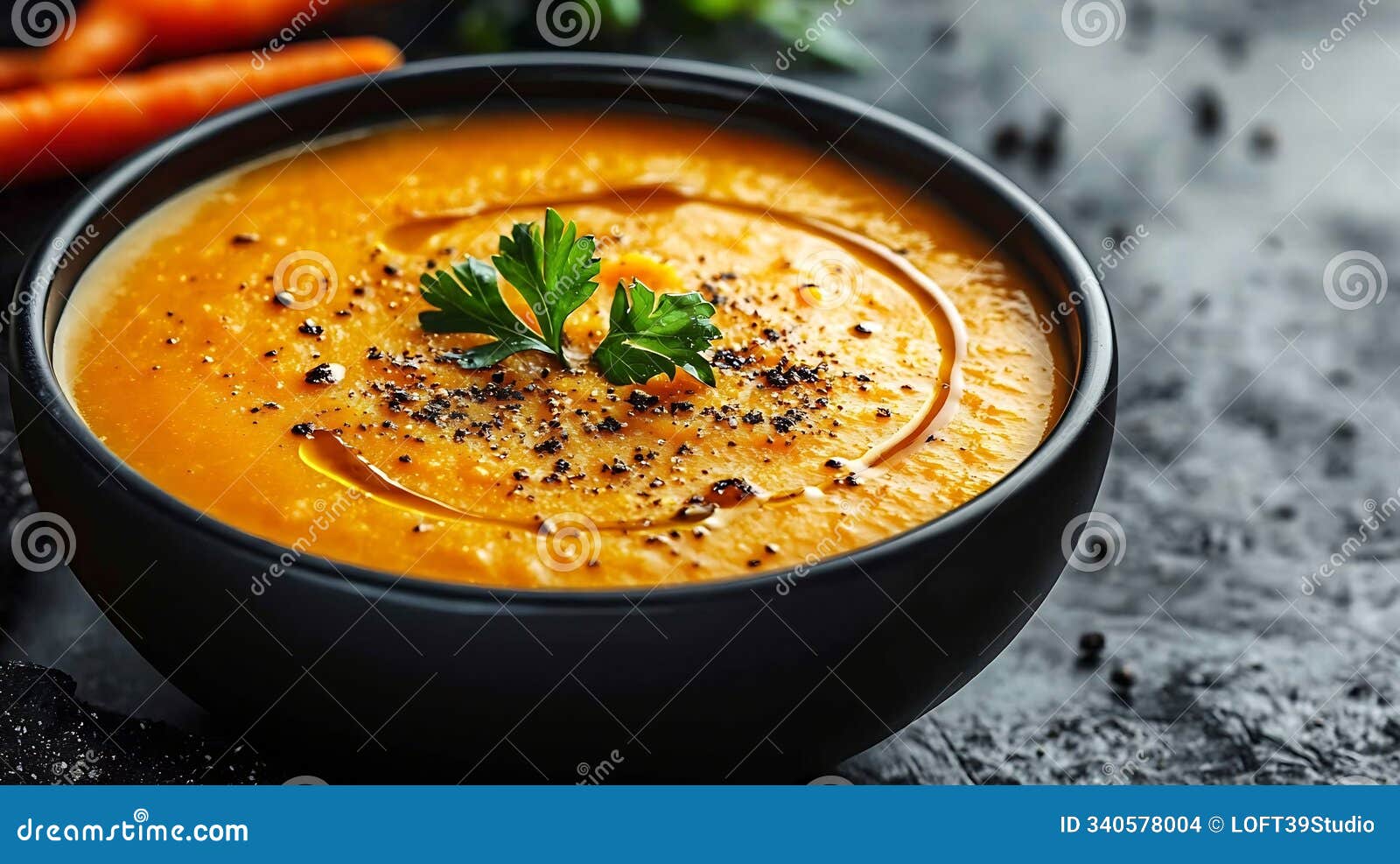 generative ai pumpkin carrot cream soup grey textile background close up top view business concept.