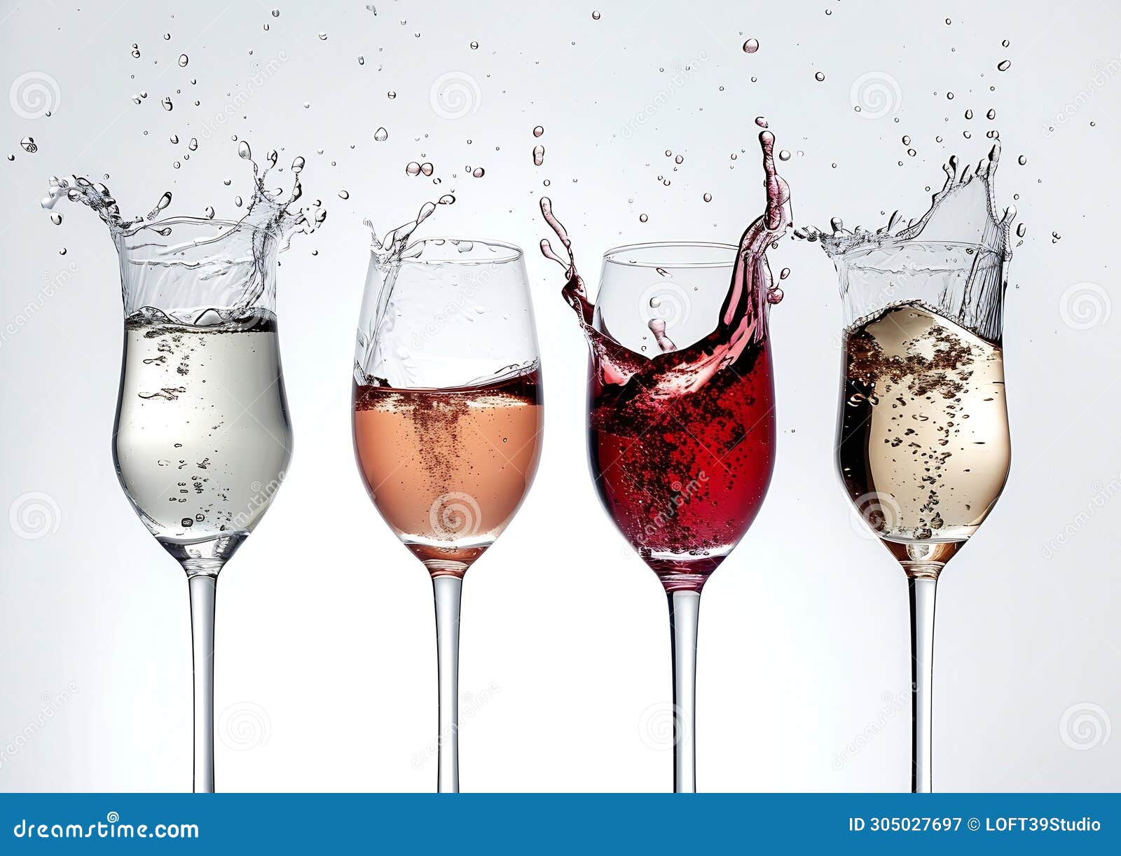 generative ai red, white and rose wine glasses and one champagne glass dancing and plash on white background busin