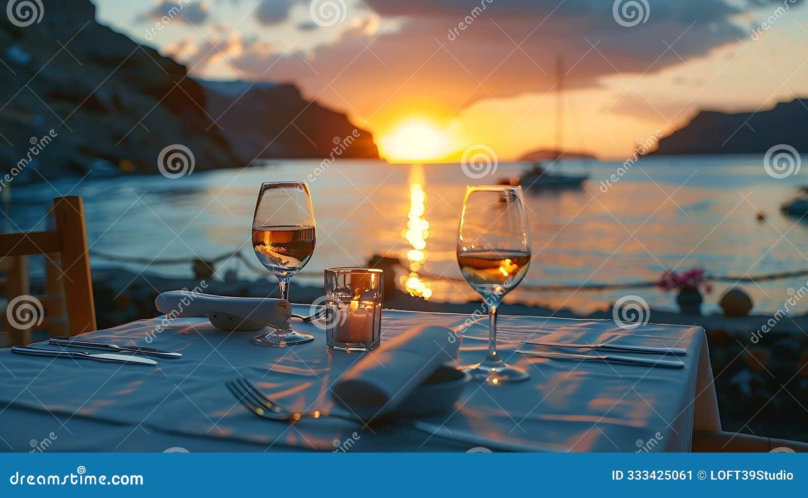 generative ai romantic dinner for two at sunsetgreece santorini restaurant on the beach above the volcano business