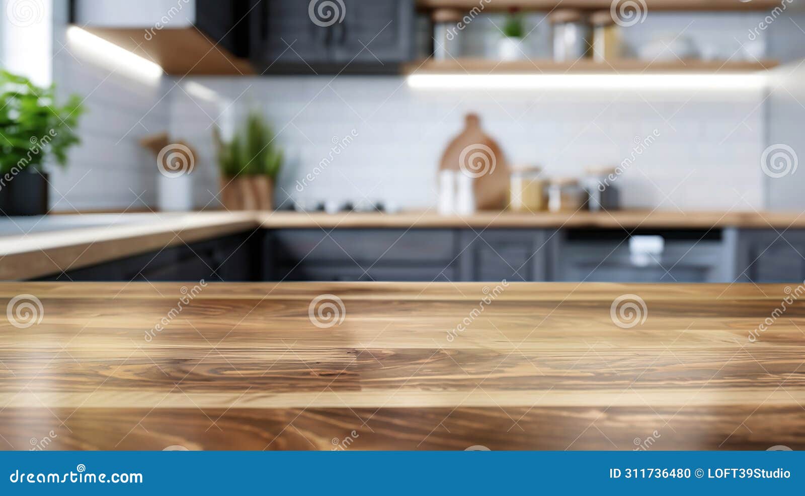 generative ai selective focusend grain wood counter table top on blur white cozy kitchen in morning backgroundfor