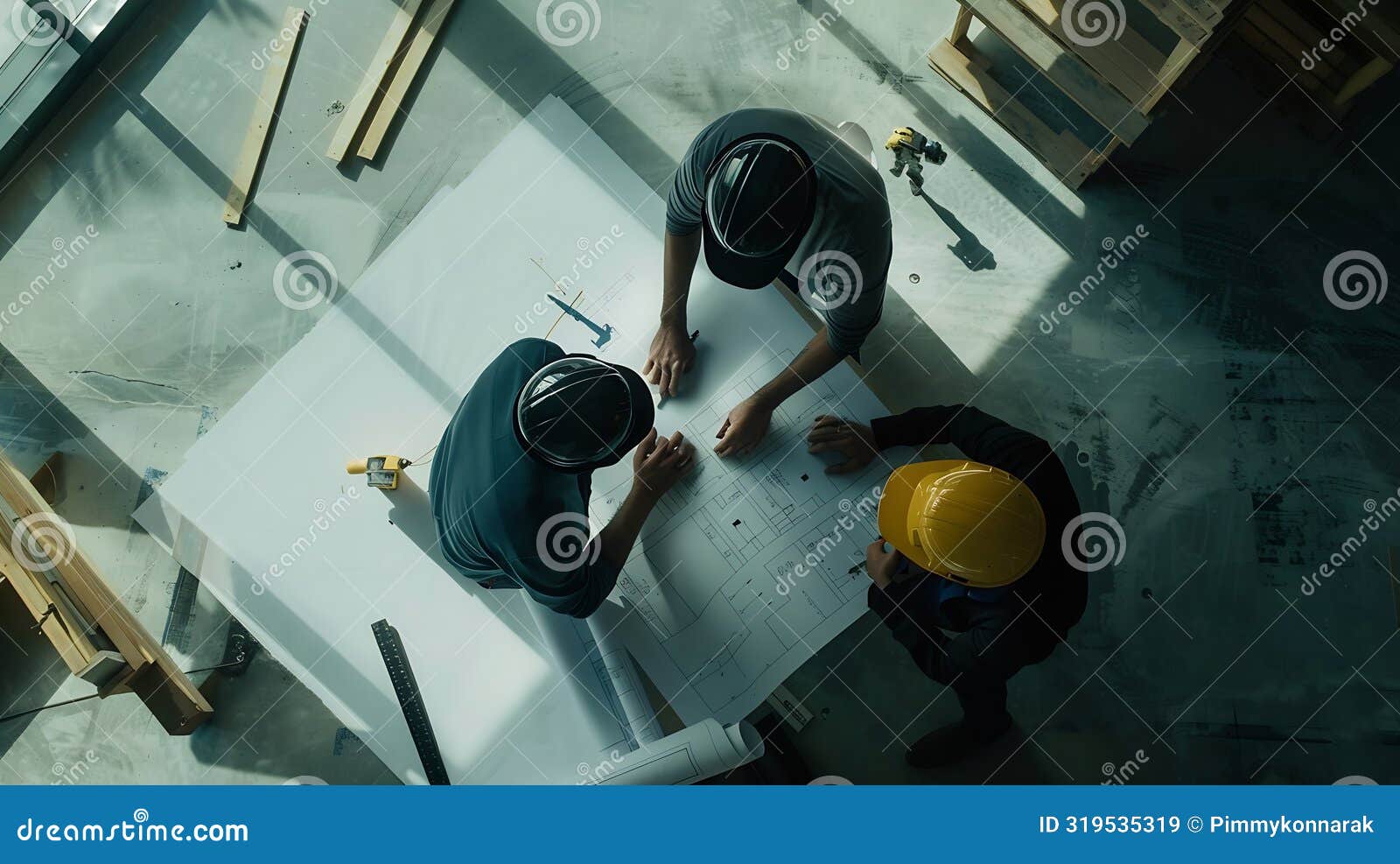 generative ai top view architectural engineering discussion at the table and his blueprints on precast concrete ce