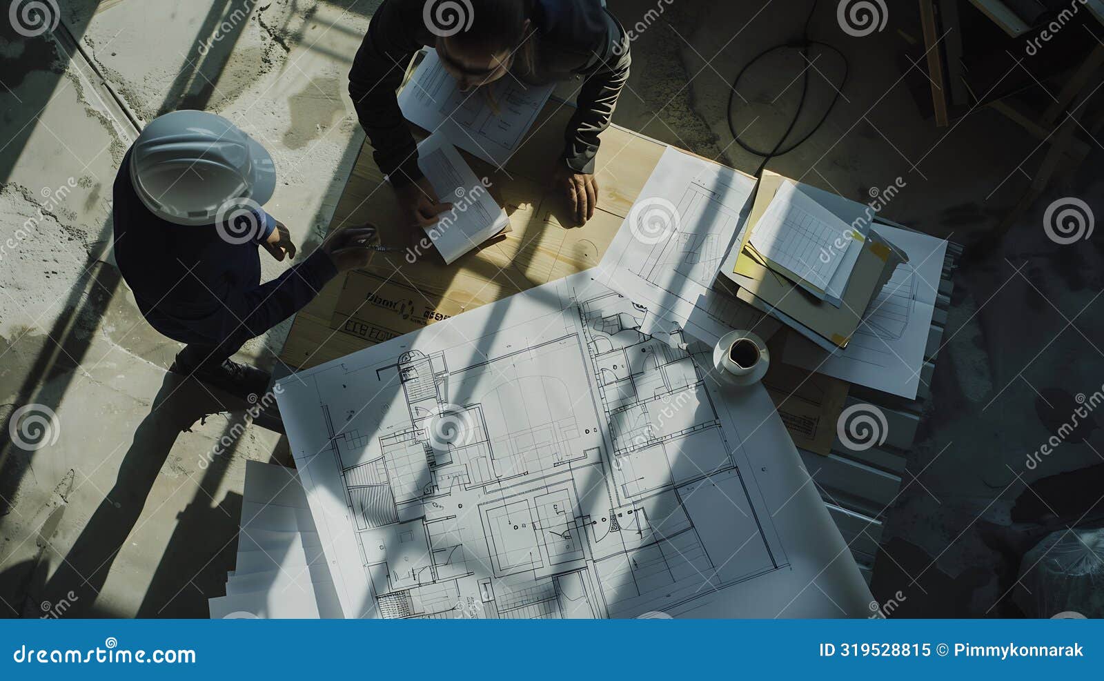 generative ai top view architectural engineering discussion at the table and his blueprints on precast concrete ce