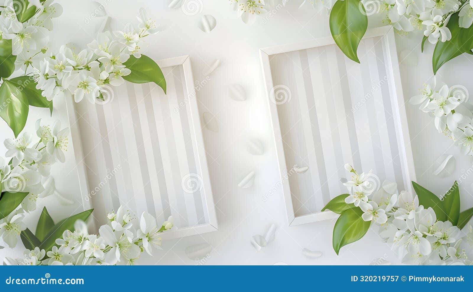 generative ai two blank old paper striped frames against white blooms and green leaves background business concept