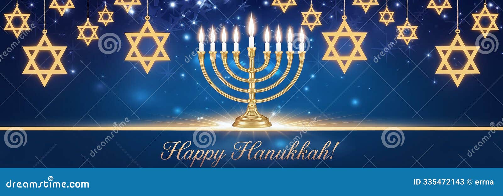 generative-ai, vibrant hanukkah scene with golden menorah and stars of david, widescreen