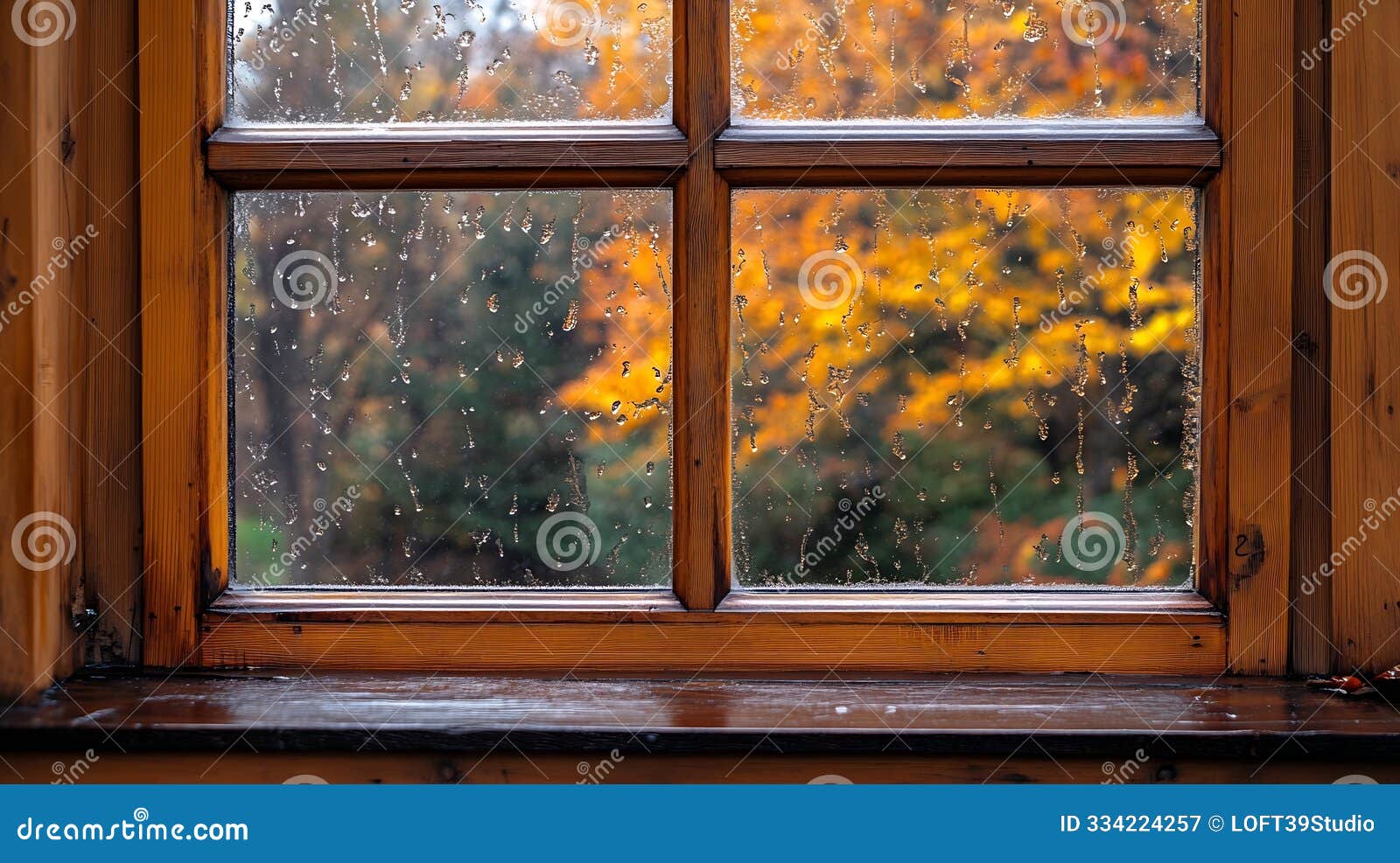 generative ai view through a double glazed wooden window frame in the home in autumn season weather business conce