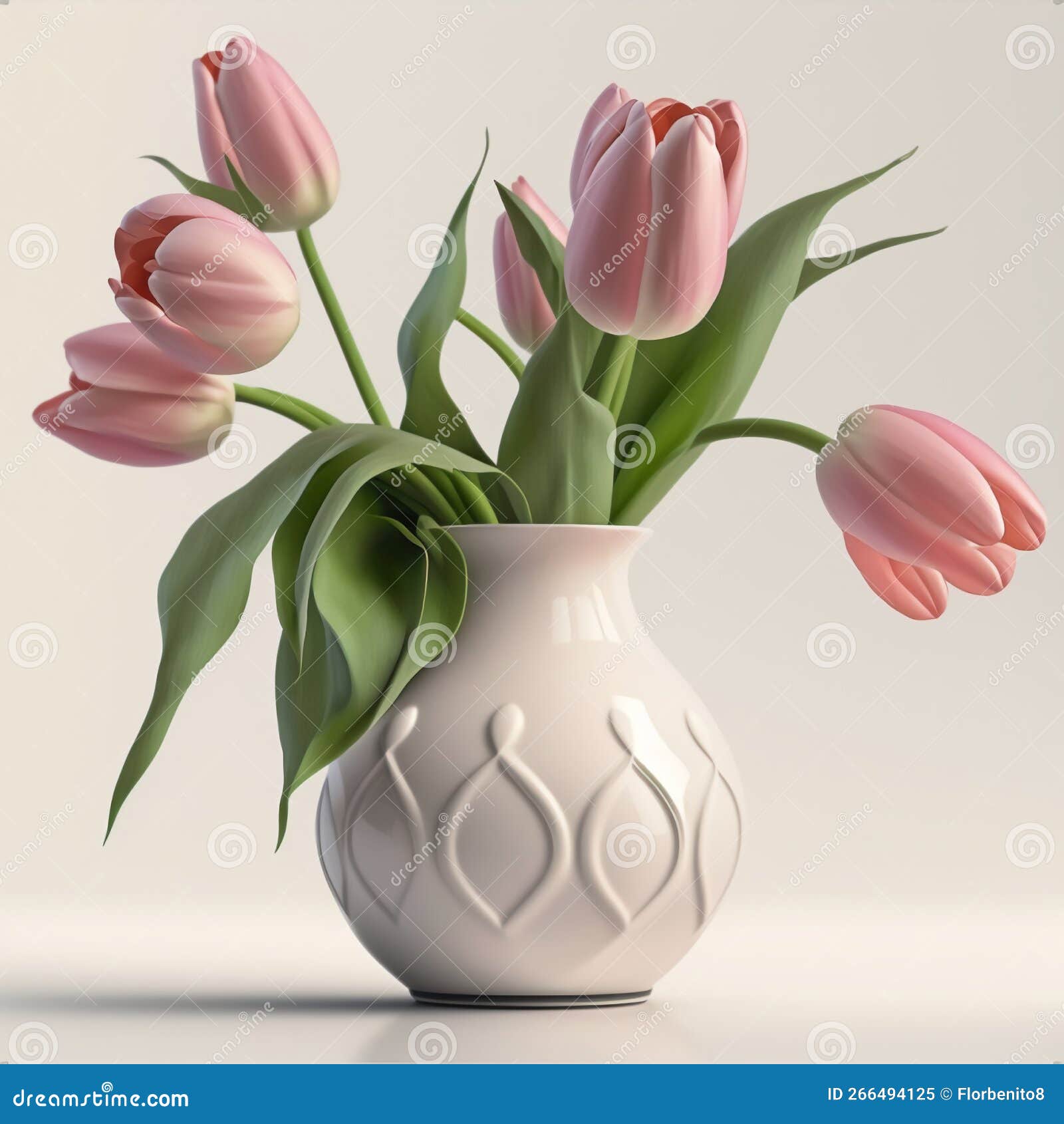 Generative AI, White Vase with Pink Tulips and White Background Stock