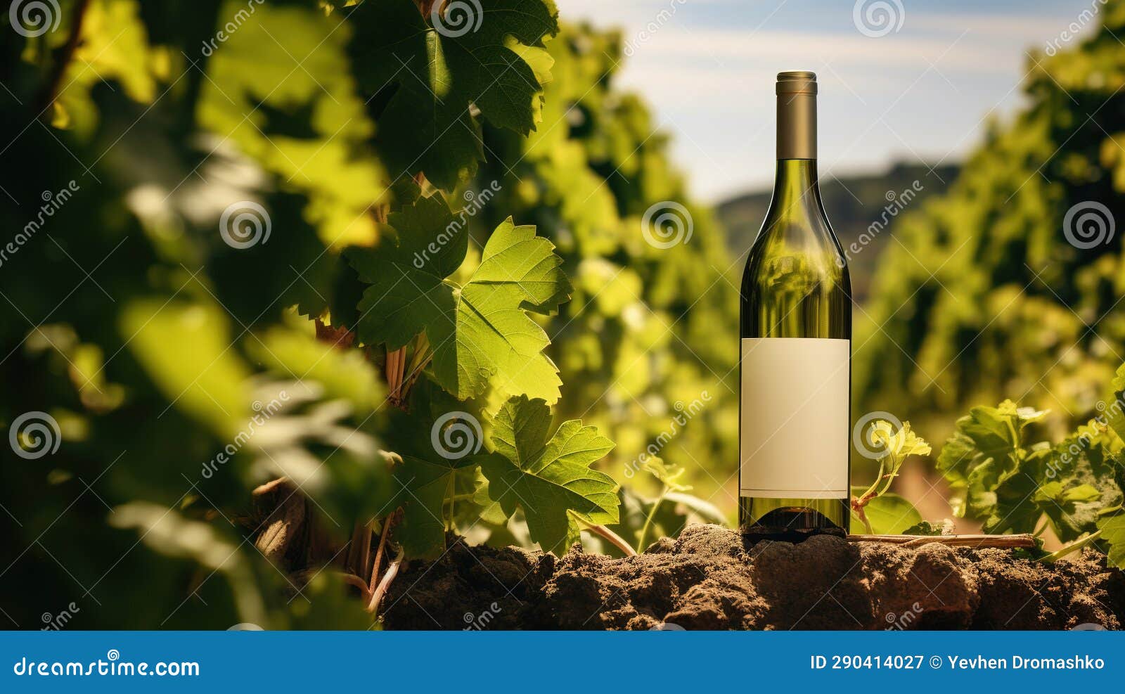 generative ai, white wine bottle mock up on vineyrad landscape in the sunshine, cope space