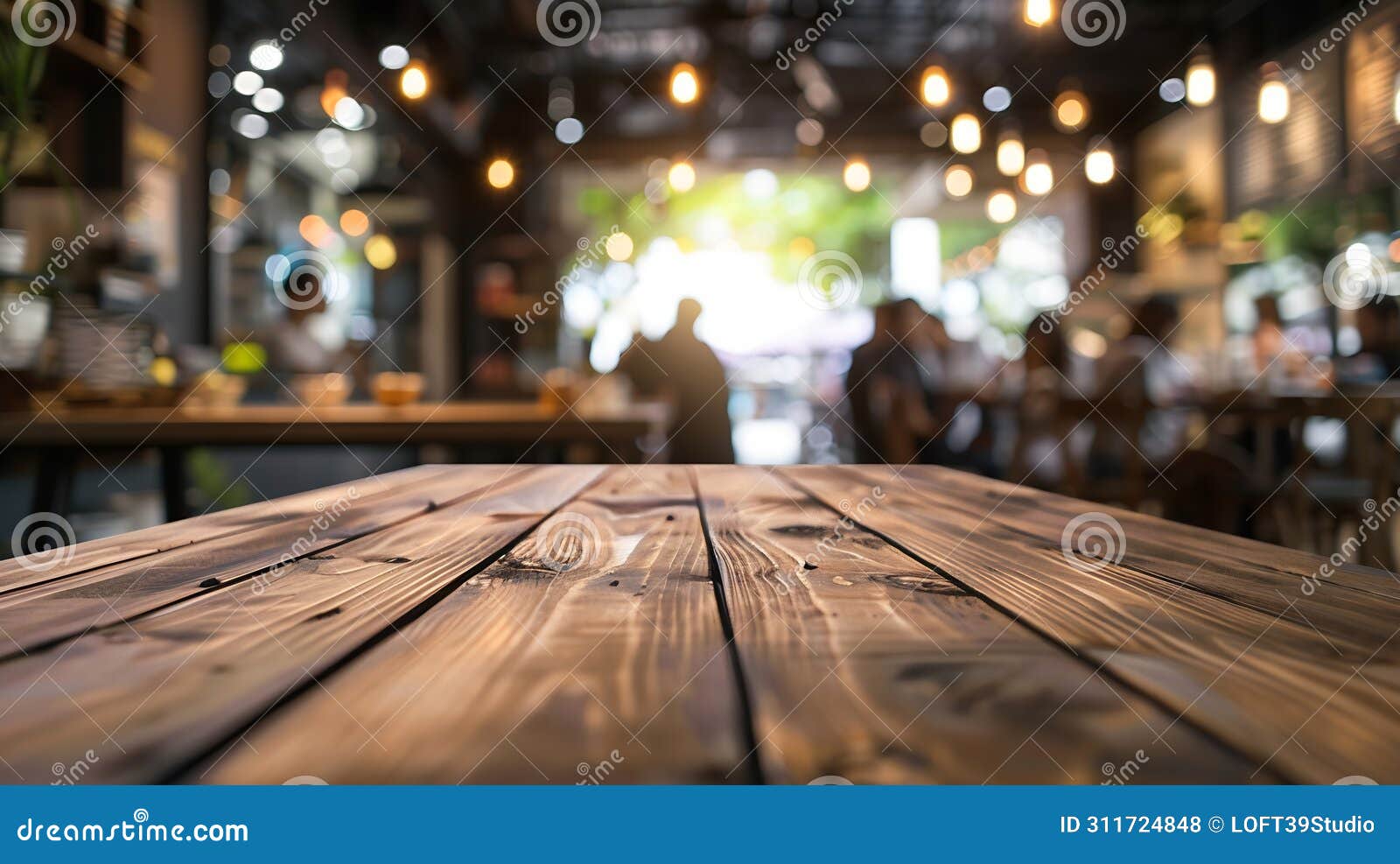 generative ai wood table top with blur of people in coffee shop or caferestaurant backgroundfor montage product di