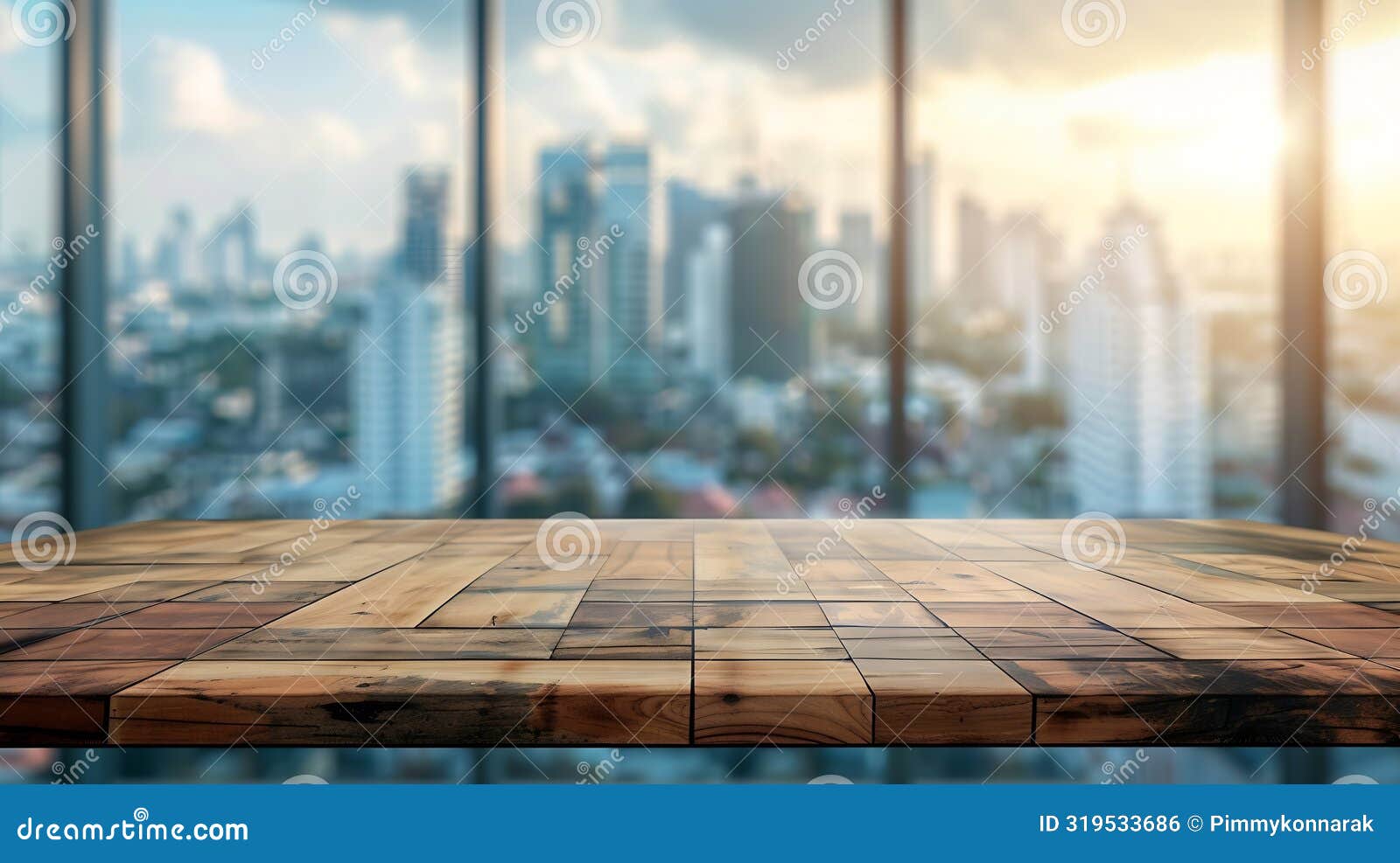 generative ai wood table top on blur window glasswall background with city viewfor montage product display or desi