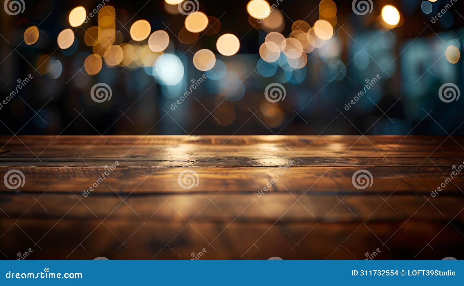 generative ai wood table top with reflect on blur of lighting in night caferestaurant backgroundselective focus bu