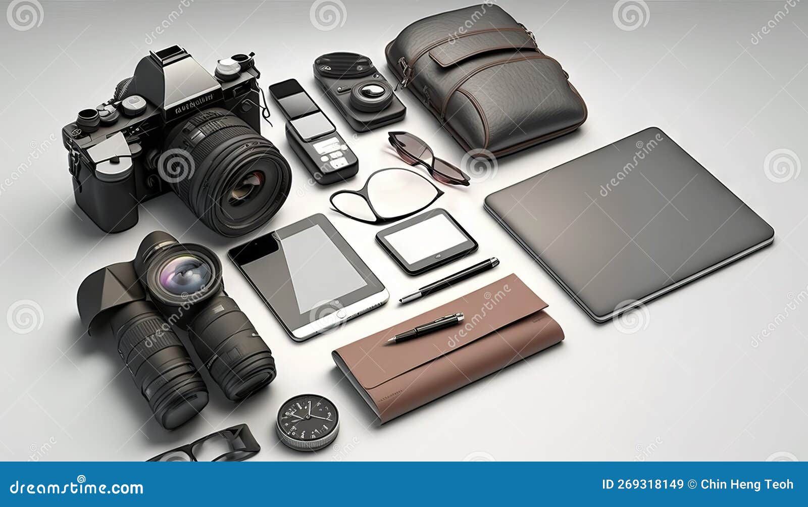 generative aiof a set of professional photographer equipment on grey background