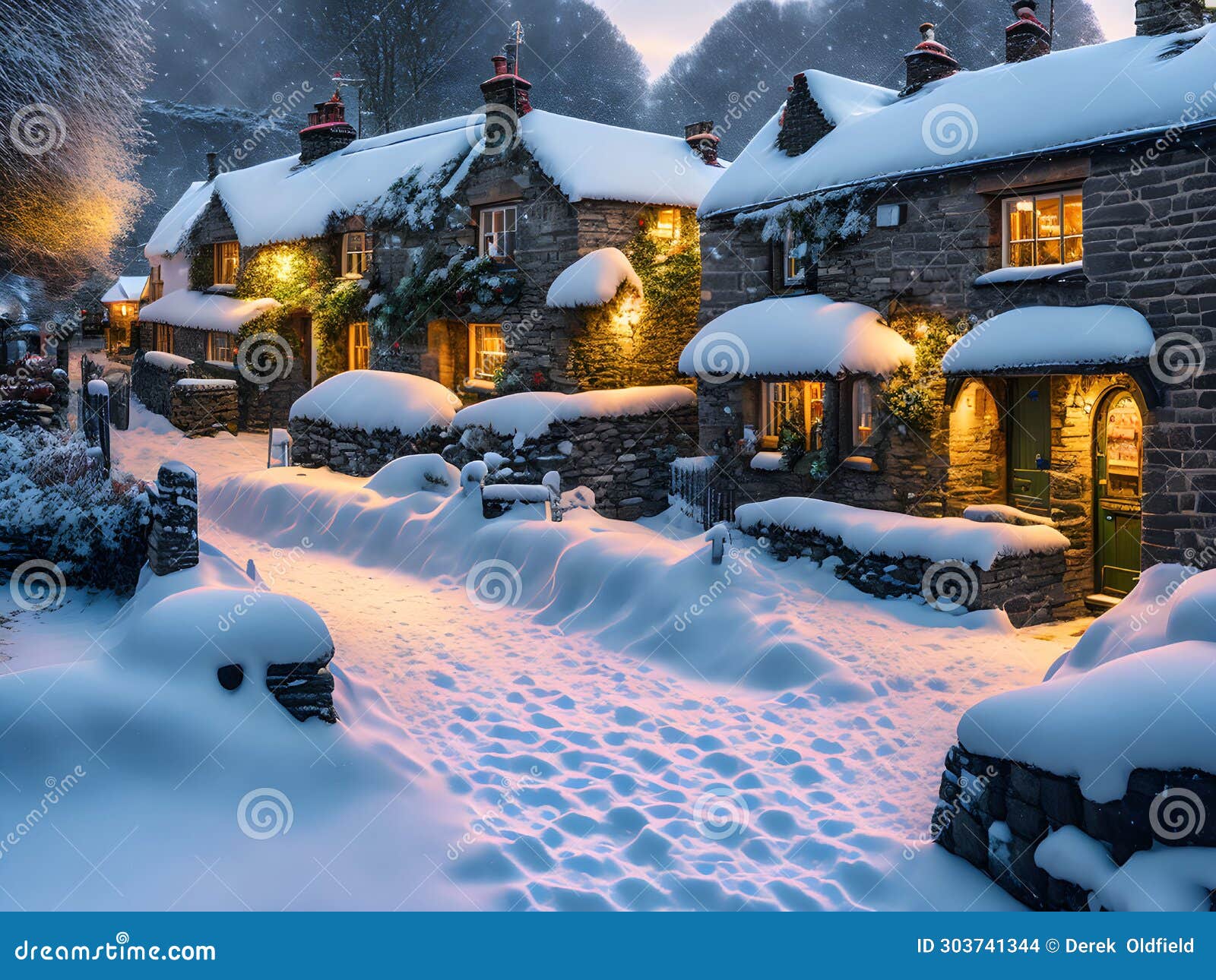 generative a.i. winters evening in a small english village,