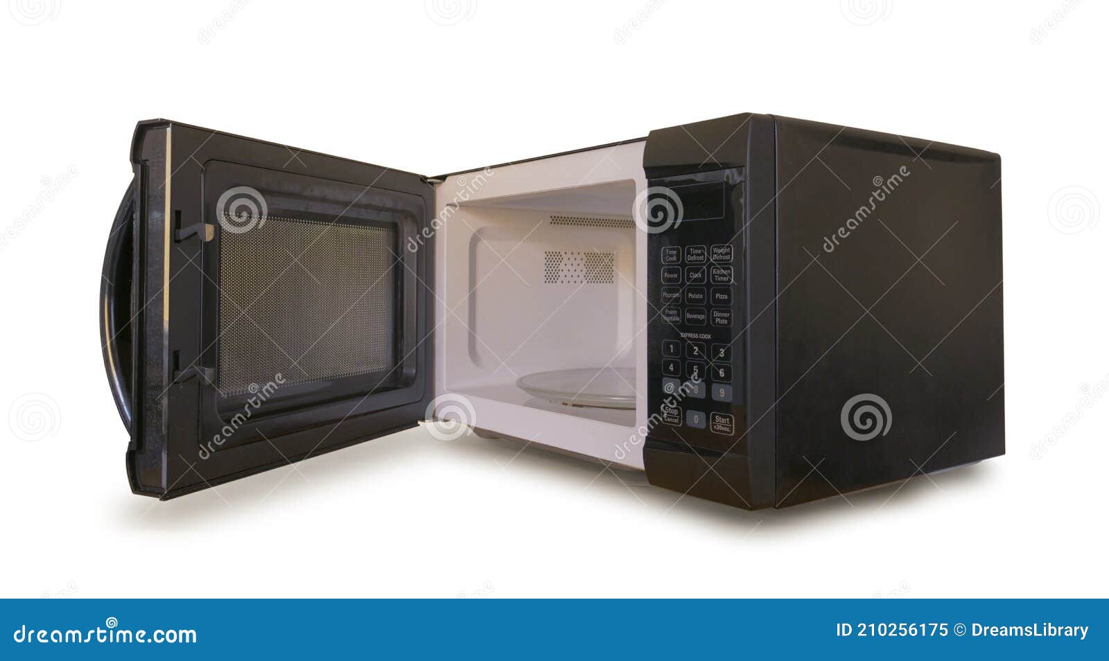 Black Microwave with Door Open Isolated on White Background Stock Image