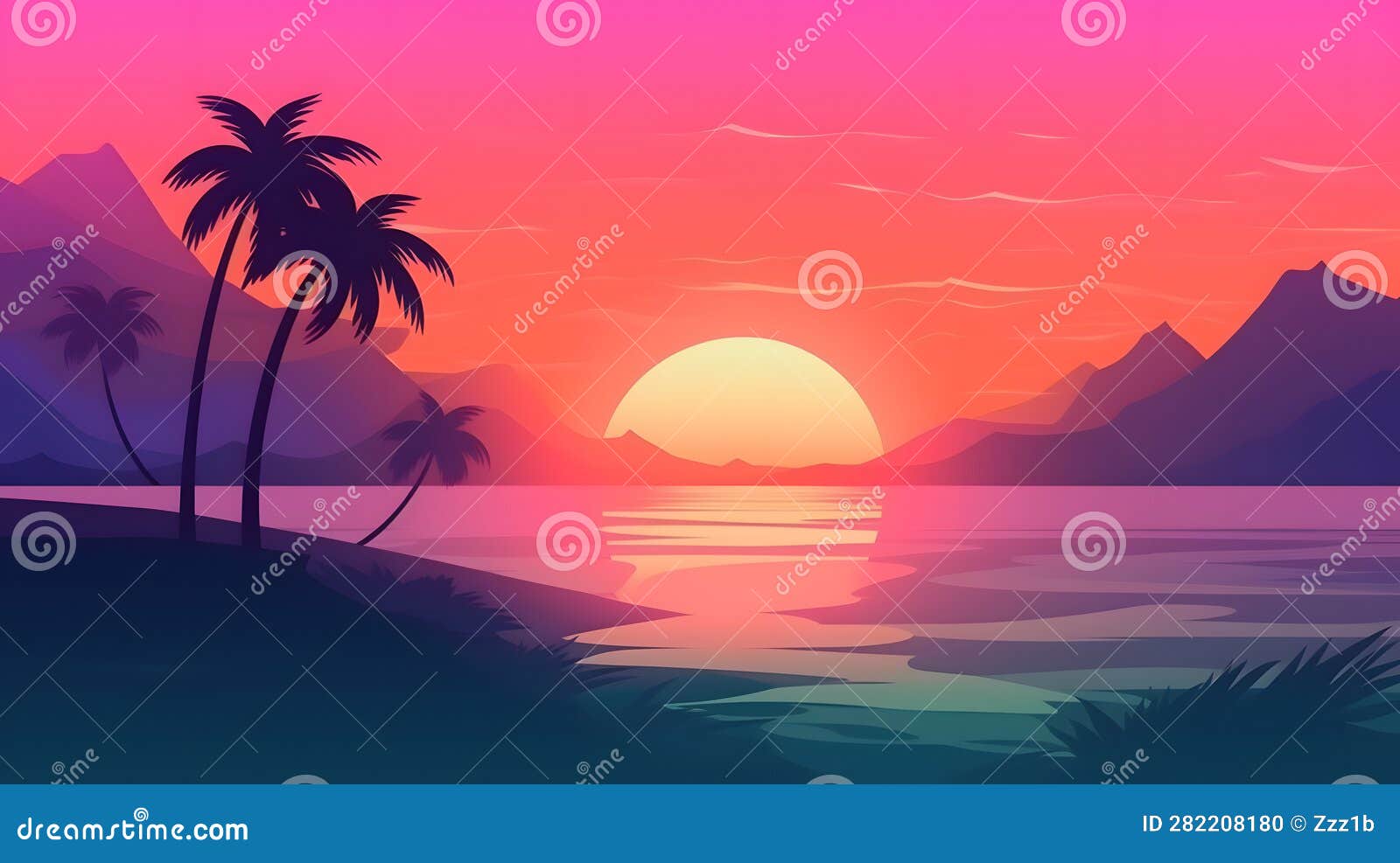 generic low-fi synthvawe gradient sunset landscape in neon colors, neural network generated image