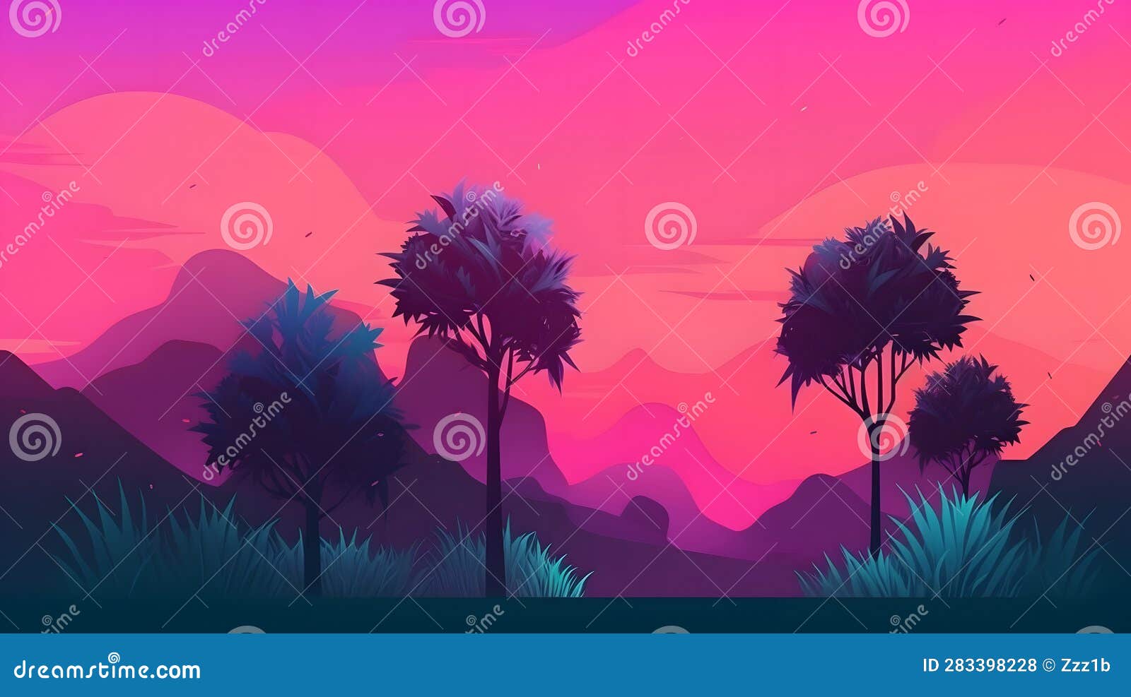 generic low-fi synthvawe gradient wild landscape in neon colors, neural network generated image