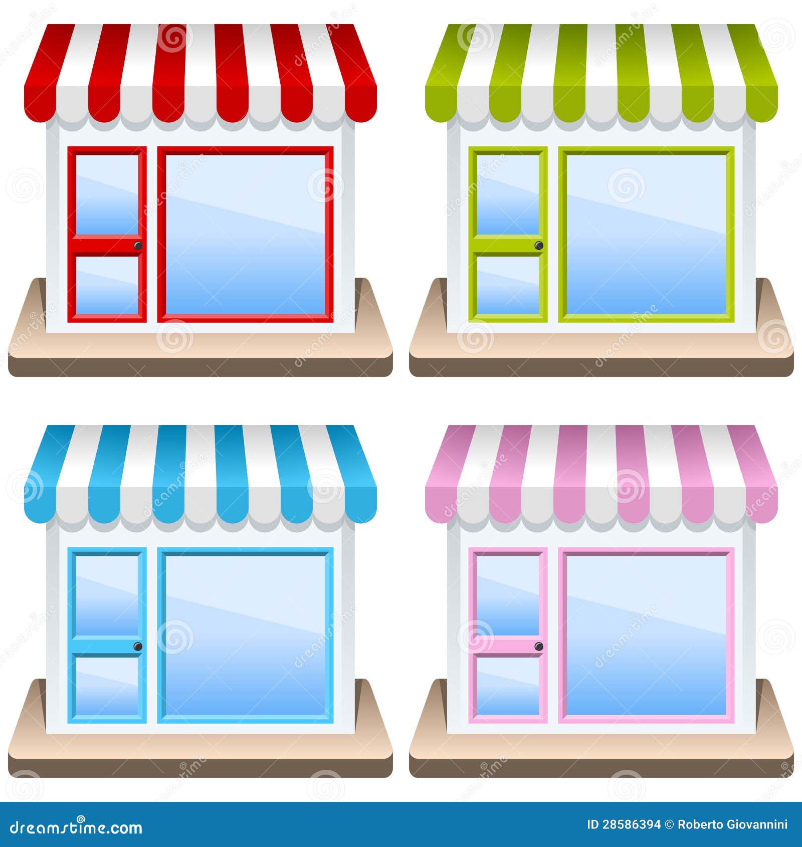 Generic colorful shop building icon set in four different colors (red 