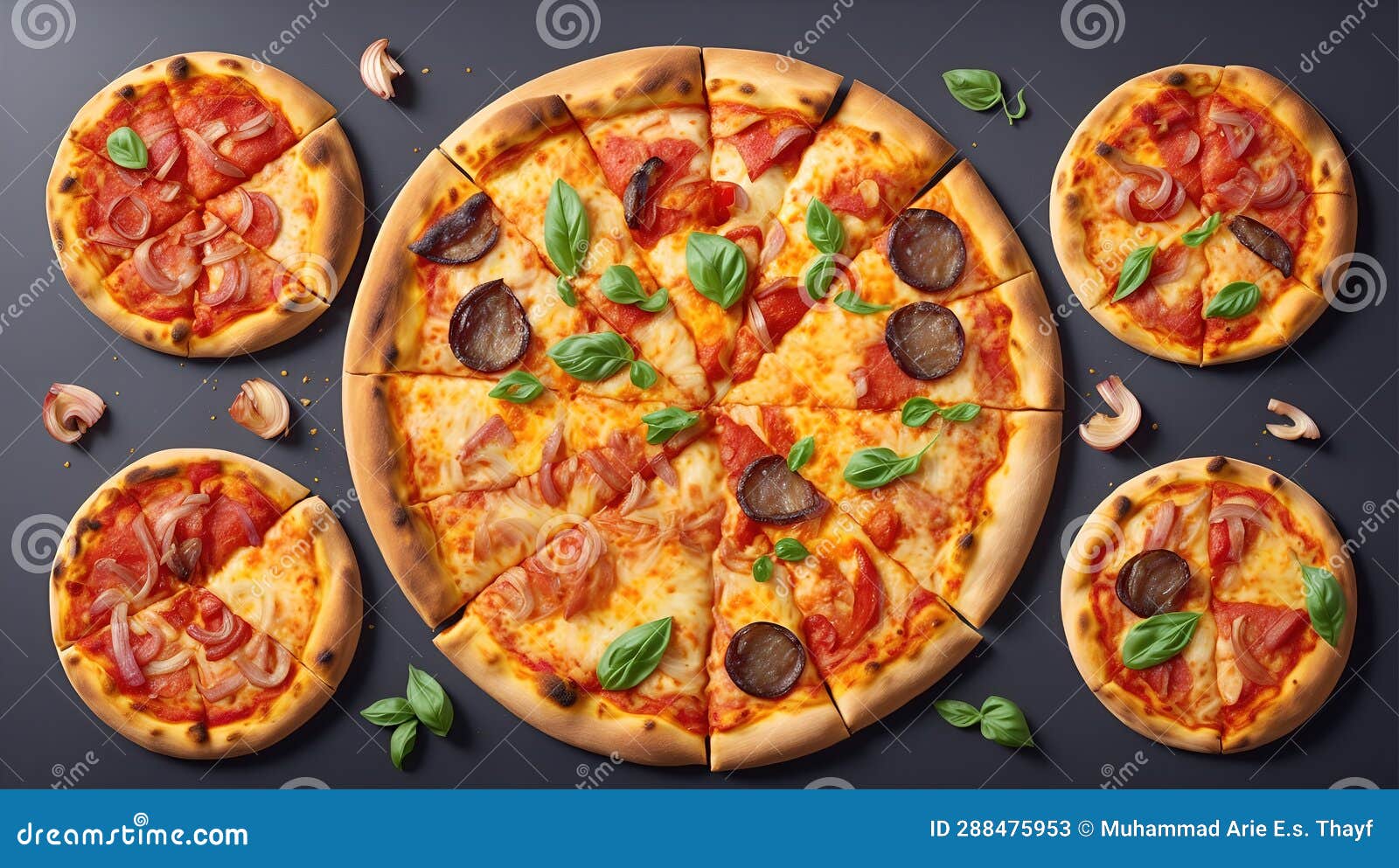top view of delicious big pan pizza and four mouthwatering small pizzas. generalized by ai