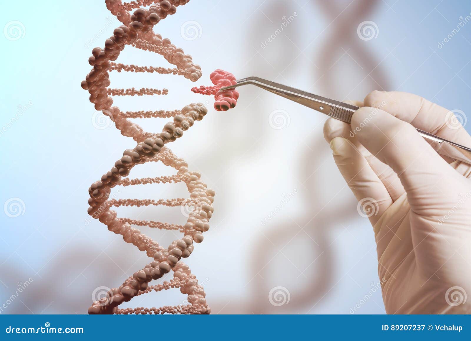 genetic engineering and gene manipulation concept. hand is replacing part of a dna molecule