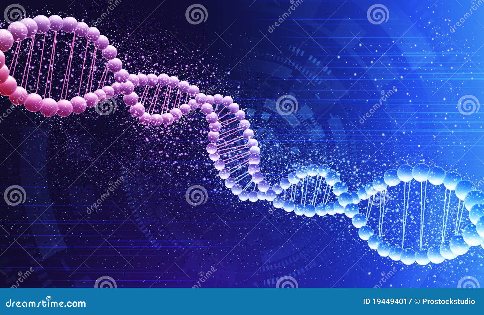 and Biotechnology. Double DNA Spiral on Blue Background