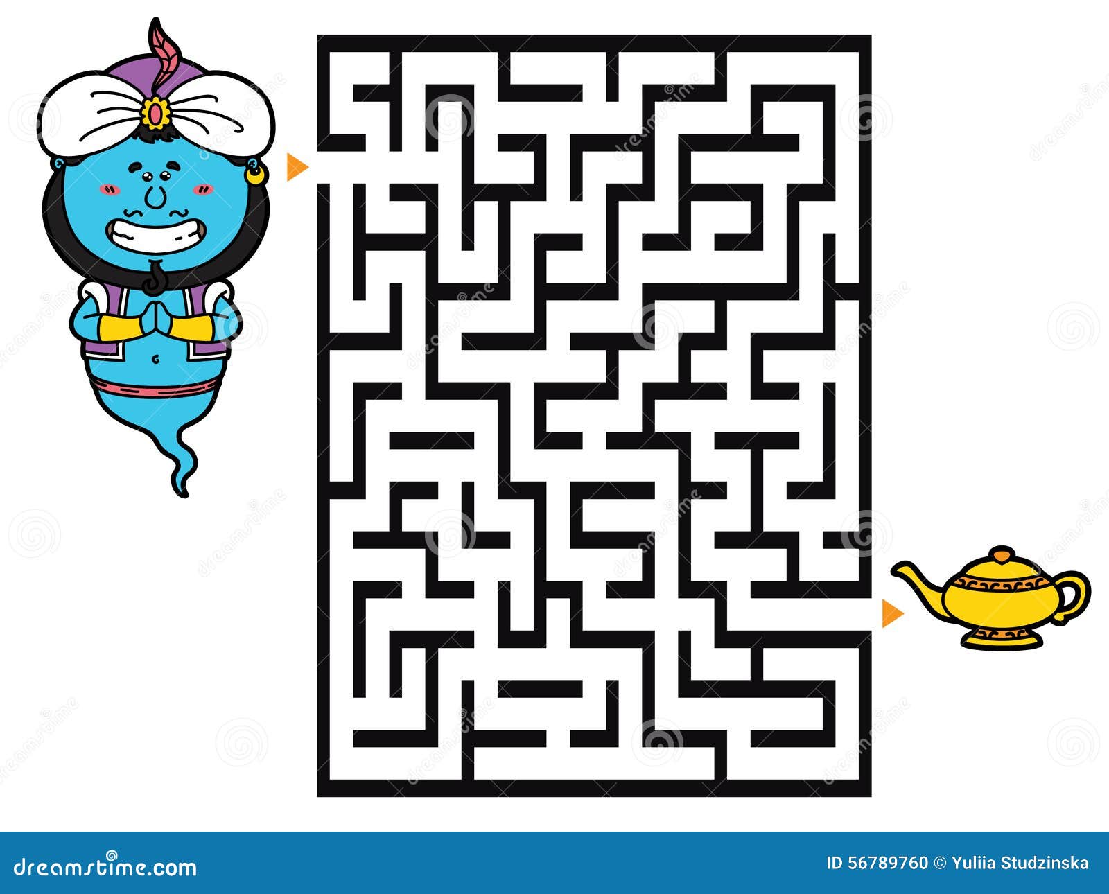 Geniespel. Vectorillustratie van labyrintspel met leuk Genie voor kinderen