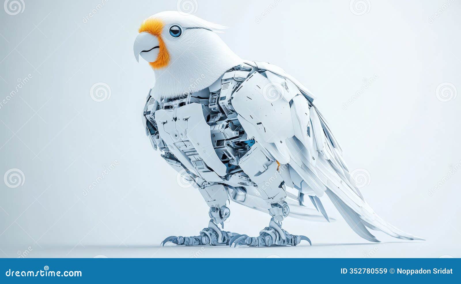 captivating white parrot with orange and yellow beak perched elegantly against a softly lit tropical background