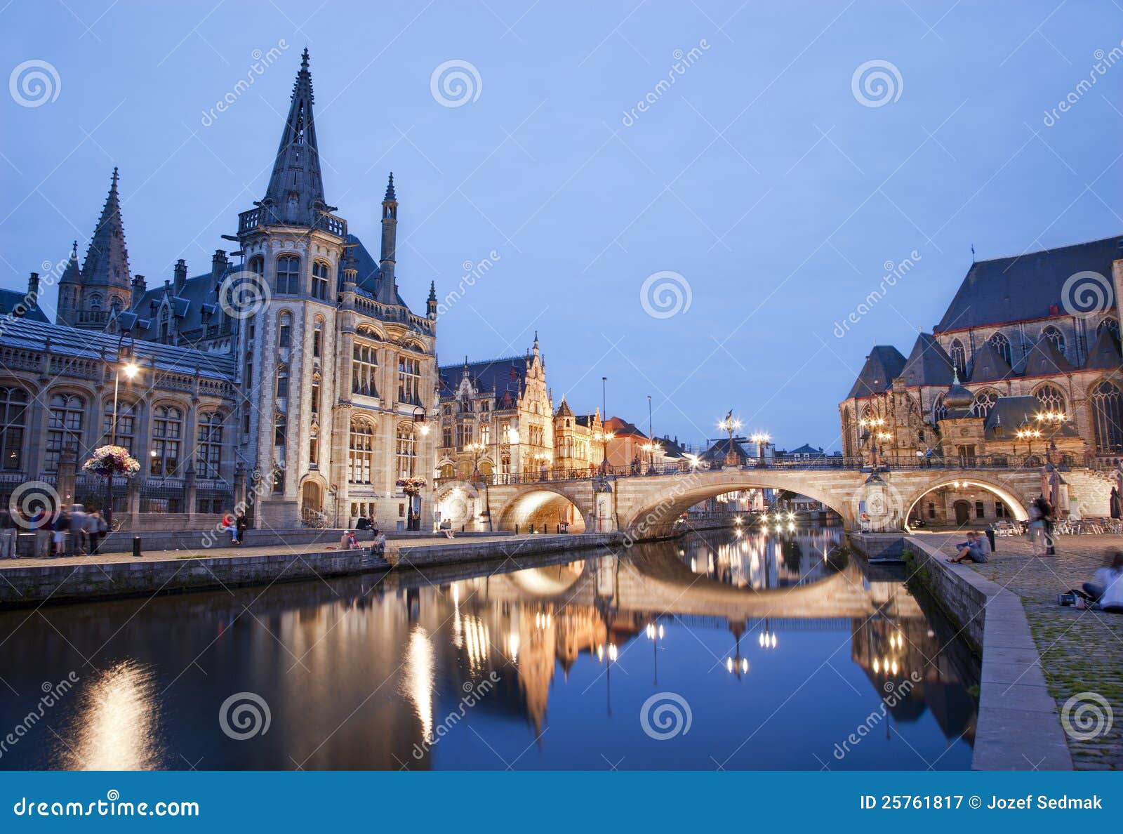 Gent Post Palace and St. Michael S Bridge Stock Image Image of