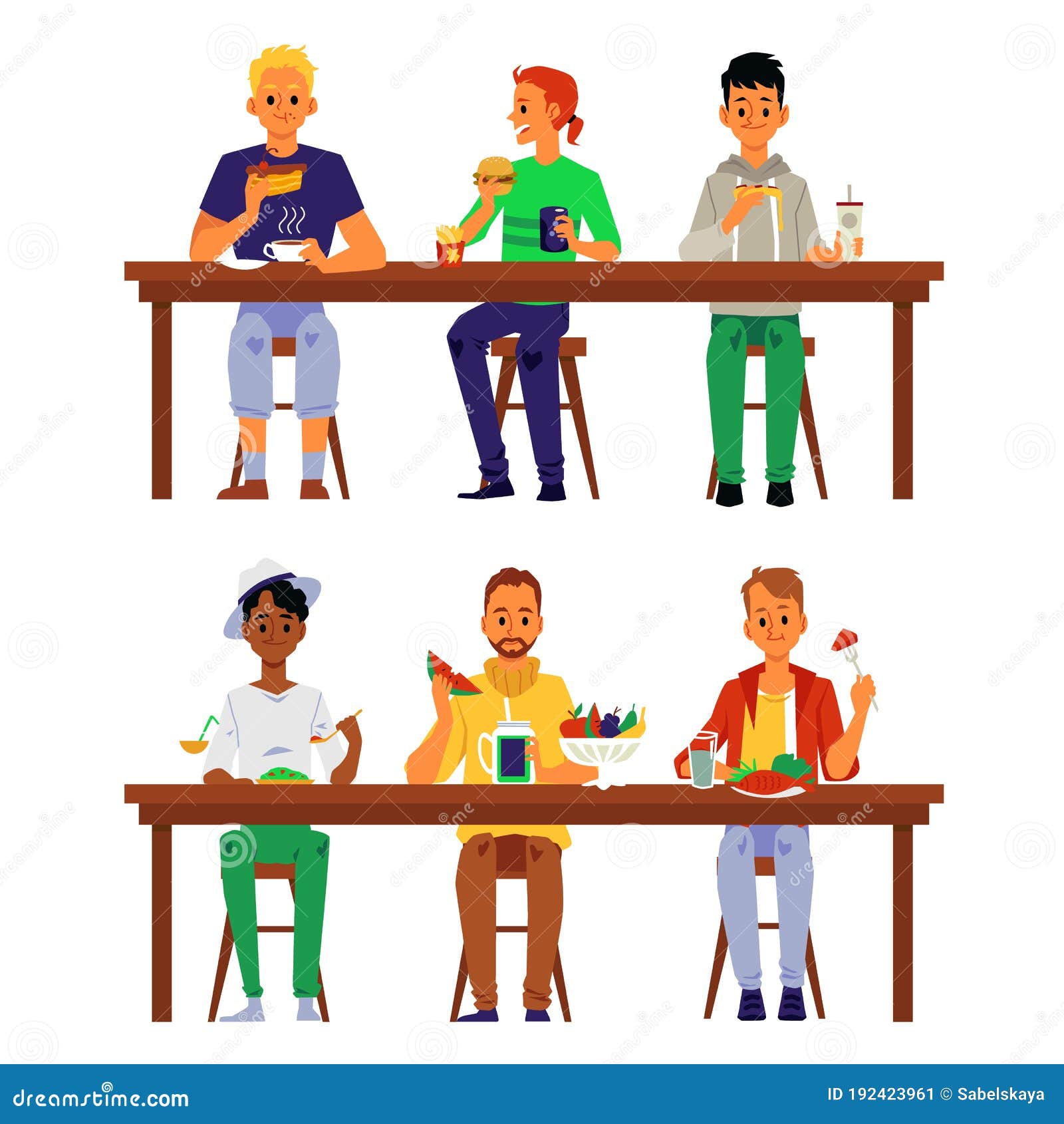 Gente Comiendo Juntos En La Mesa De Almuerzo Caricatura Hombres