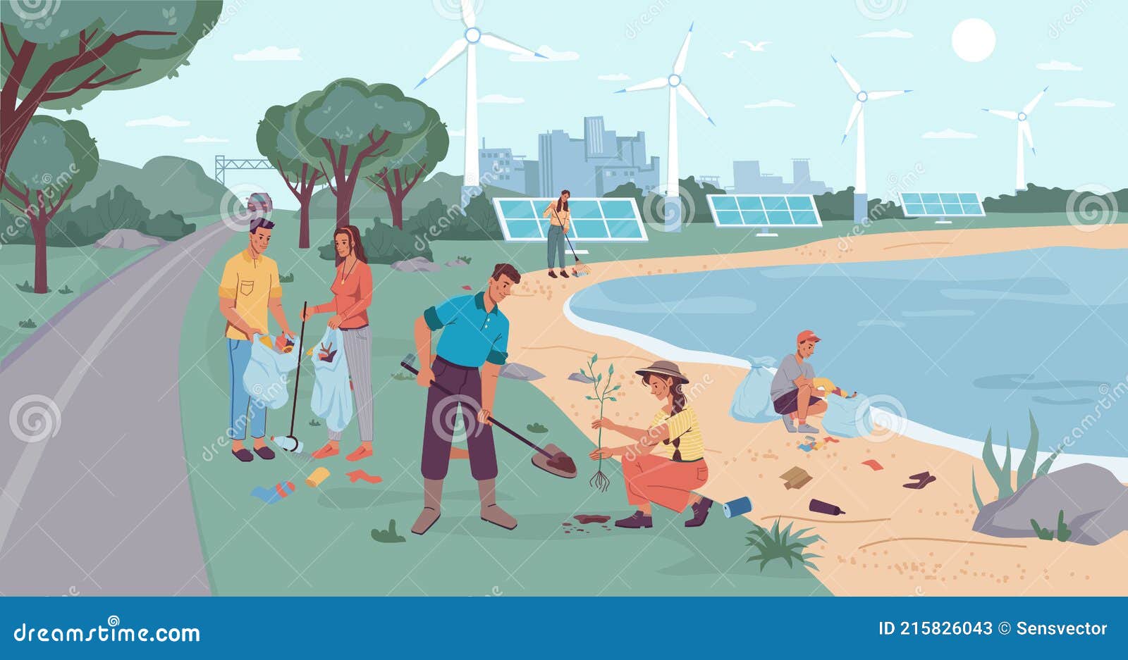 Gente Recolecta Basura Plantando árboles Eco Ciudad Ilustración del Vector  - Ilustración de comunidad, desperdicios: 215826043