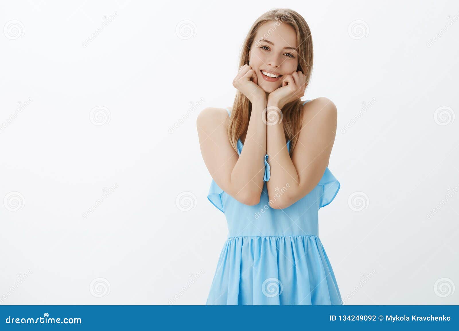 Gentle and Beautiful Young Female in Blue Dress with Fair Natural Hair ...