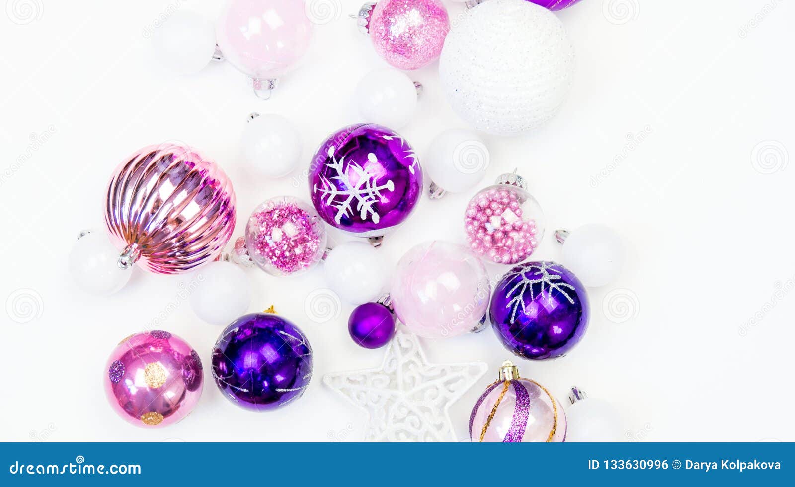 Gentle Pink and Purple Baubles on a White Background. Christmas Mood ...