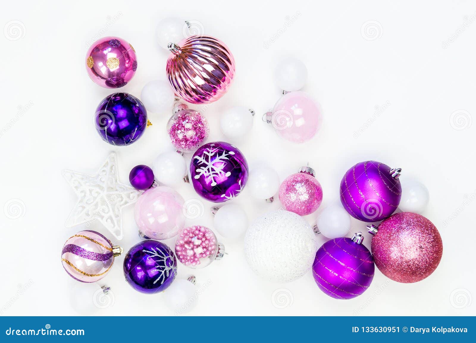 Gentle Pink and Purple Baubles on a White Background. Christmas Mood ...